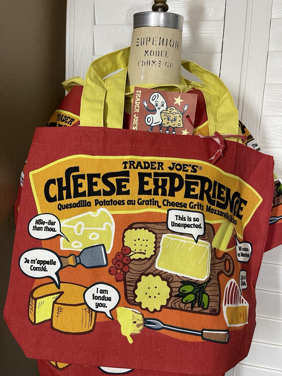 Trader Joe’s Cheese Bag Reusable Cotton Shopping Bag Red Yellow Pop Art Foldable