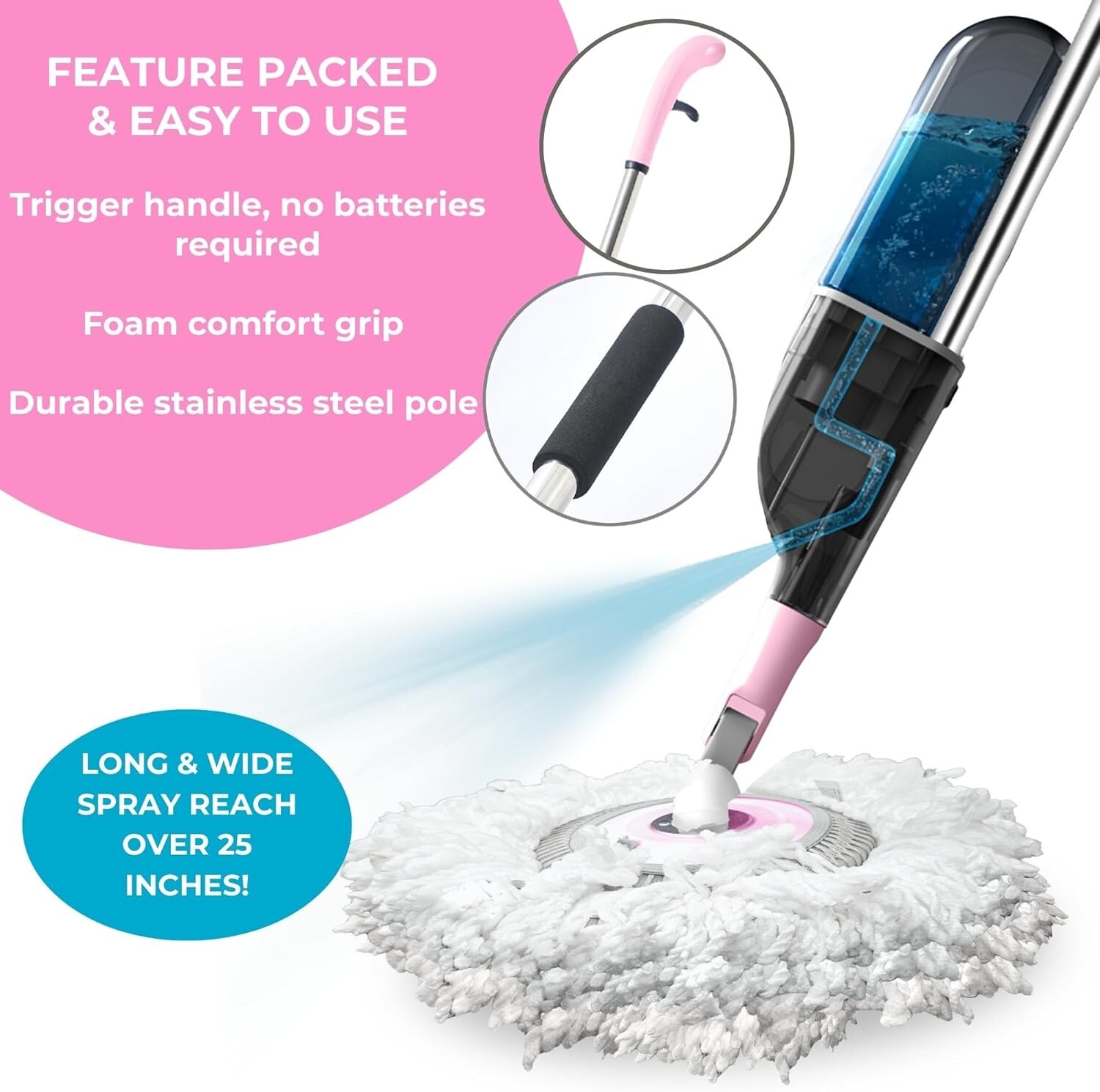 True & Tidy 360 Spray Mop with 3 Interchangeable heads, Pink