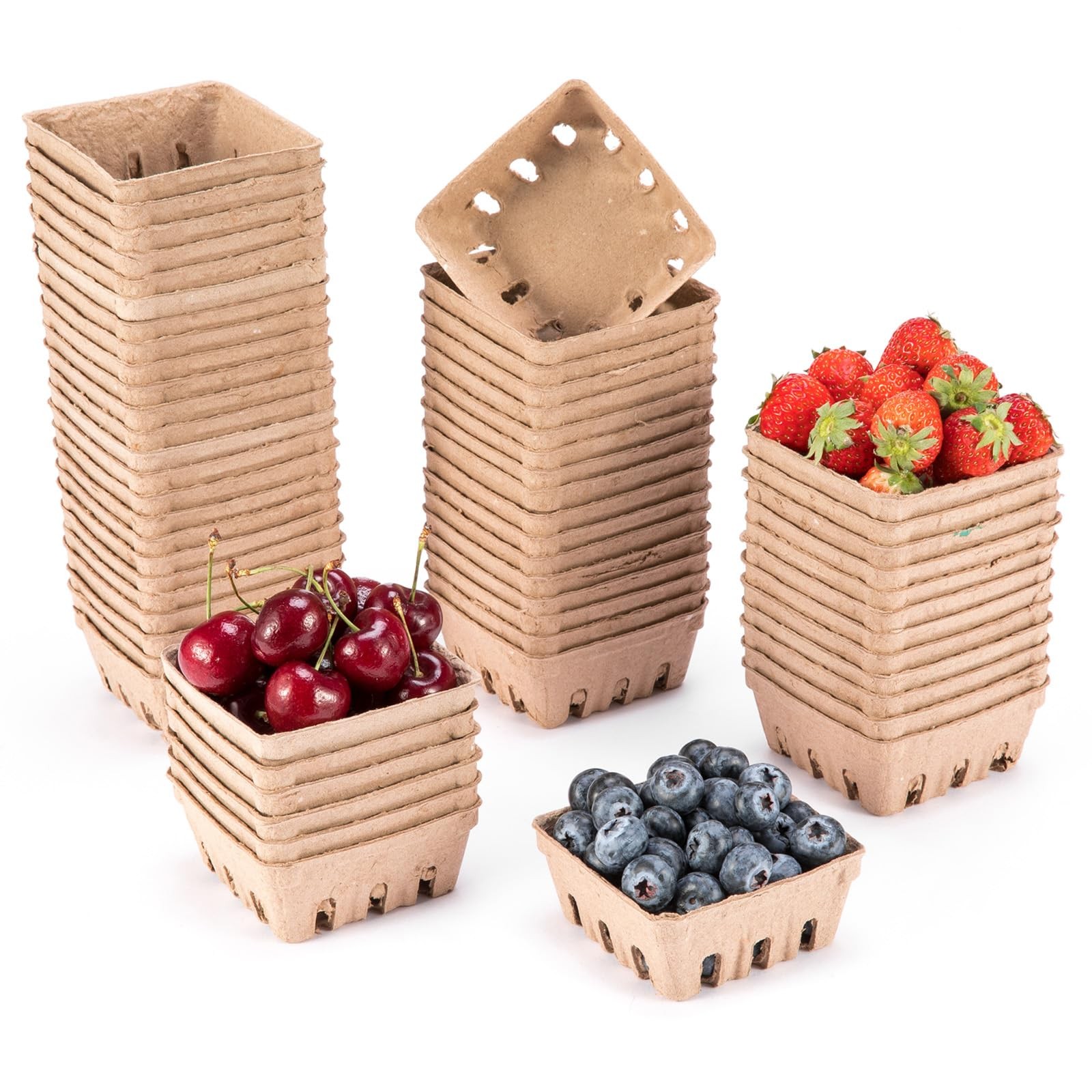PARBEE 60 Pack Pulp Fiber Berry Basket, 1/2 Pint Vented Containers for brown