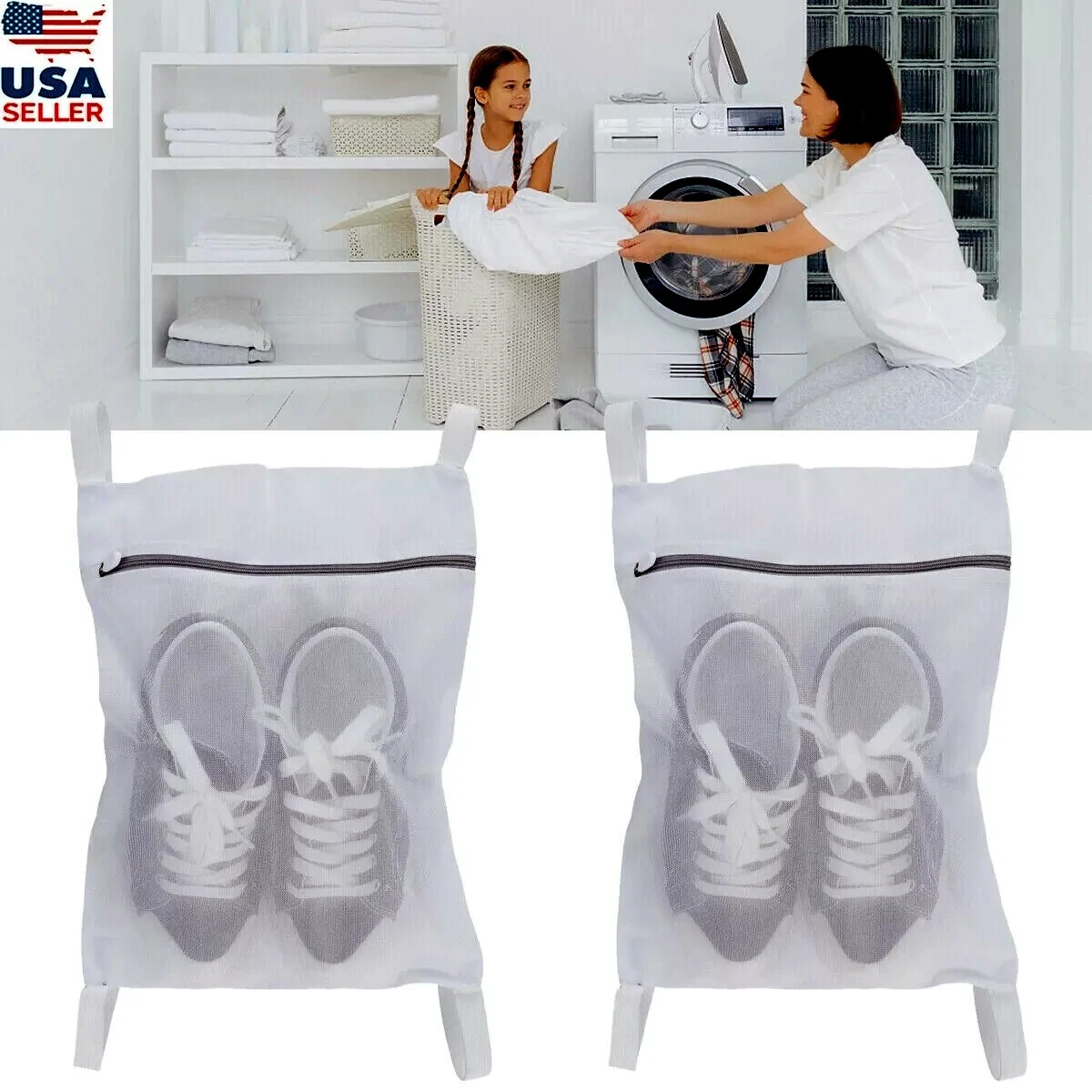Large Laundry Mesh Sneaker Shoe Wash & Dry Zip Bag, Washer-Dryer Door Straps