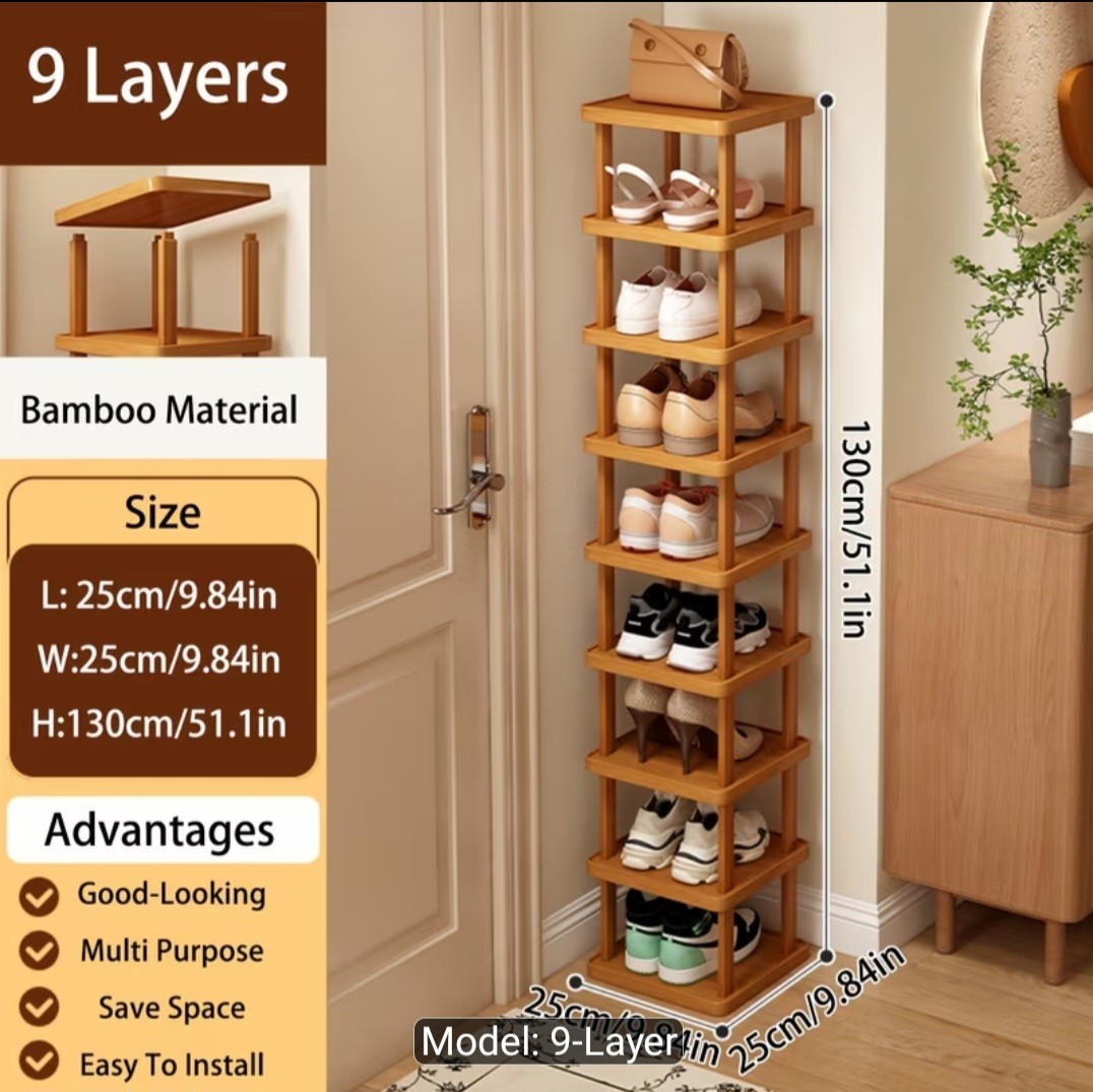 9 Tier Bamboo Shoe Rack Tall Narrow Space Saving Shoe Organizer Storage Shelf…