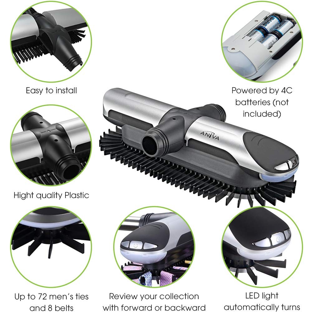 Motorized Tie Rack Closet Organizer with LED Lights Includes J Hooks for Wire…