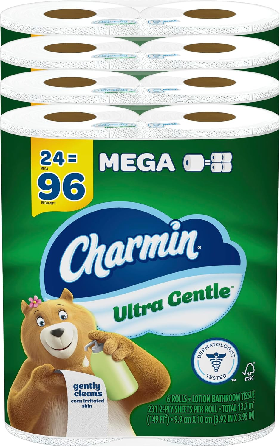 Charmin Ultra Gentle Toilet Paper 24 Mega Rolls = 96 Regular Rolls Lotion Bath