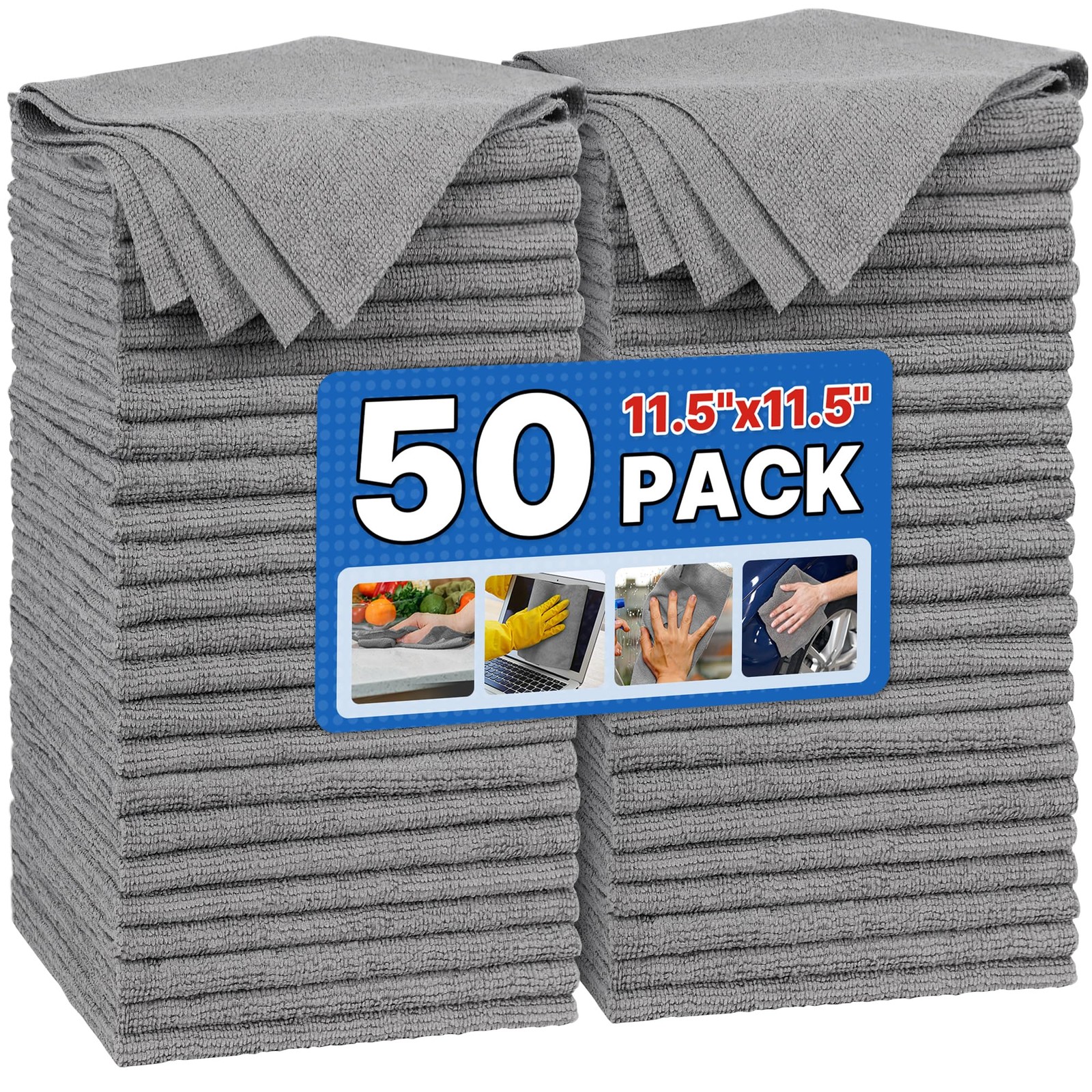 Microfiber Cleaning Towels Bulk 50 Pack Grey Absorbent Car Rags Garage Dust Clot