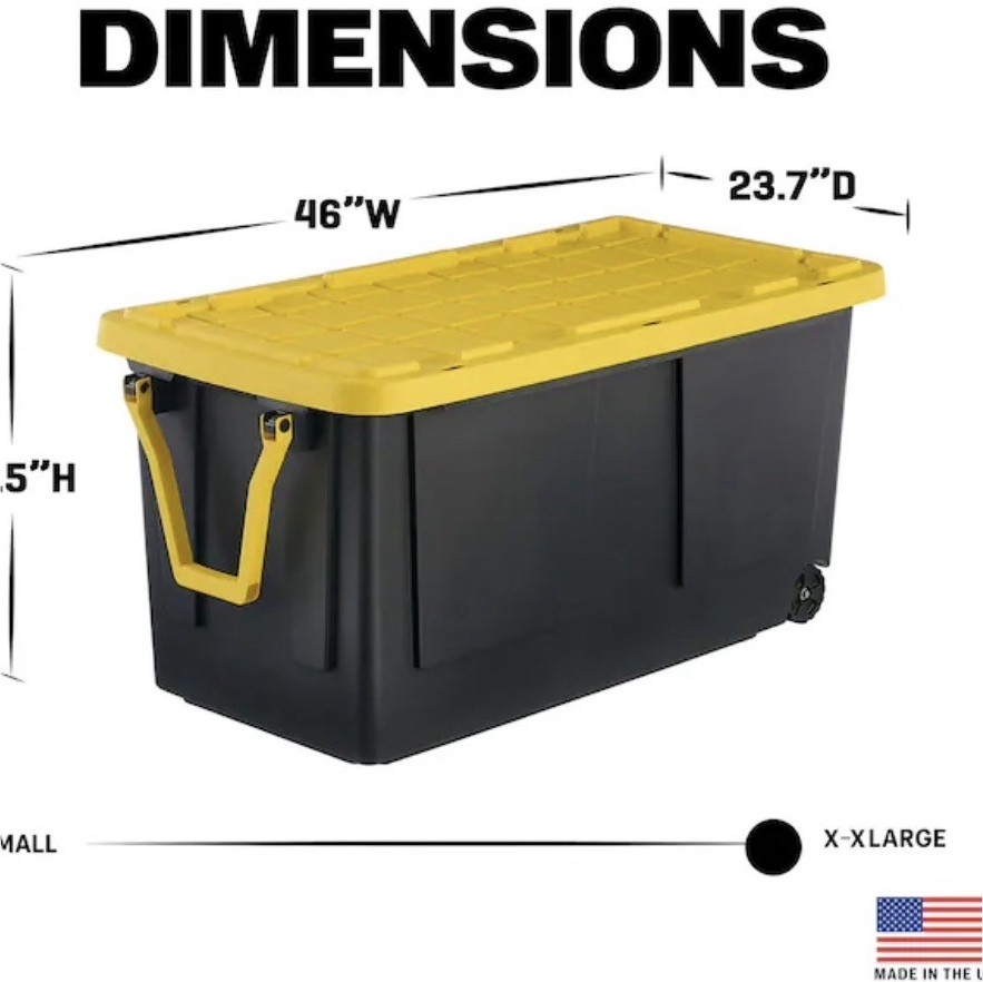 75 Gallon Extra Large Black Yellow Plastic Storage Container, Lidded, Stackable