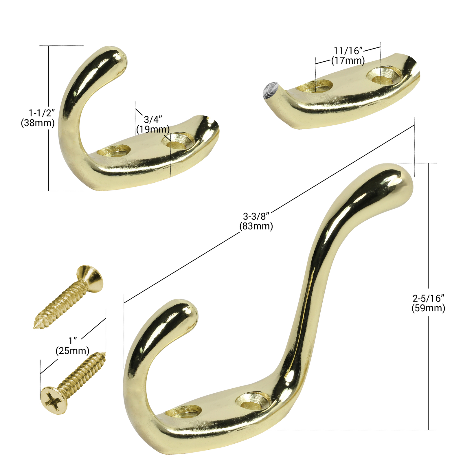 Rok Hardware Heavy Duty Coat Hook, 3-1/2″, Bright Brass