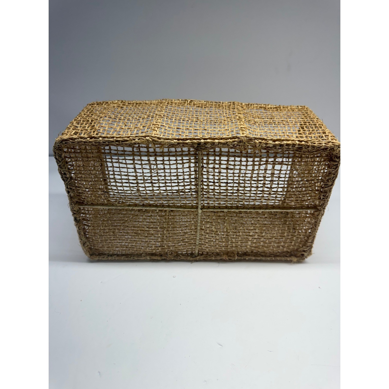 Natural Woven Seagrass Rectangular Storage Basket Open Weave Wire Frame Brown