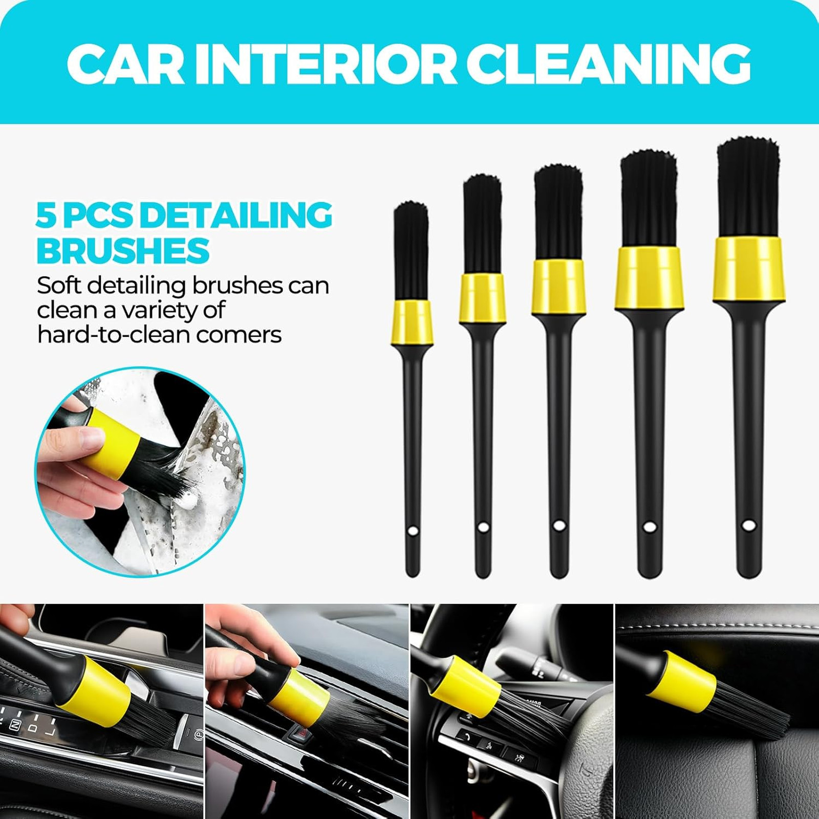 Car Detailing Brushes Microfiber Car Wash Kit Extendable Handle Interior
