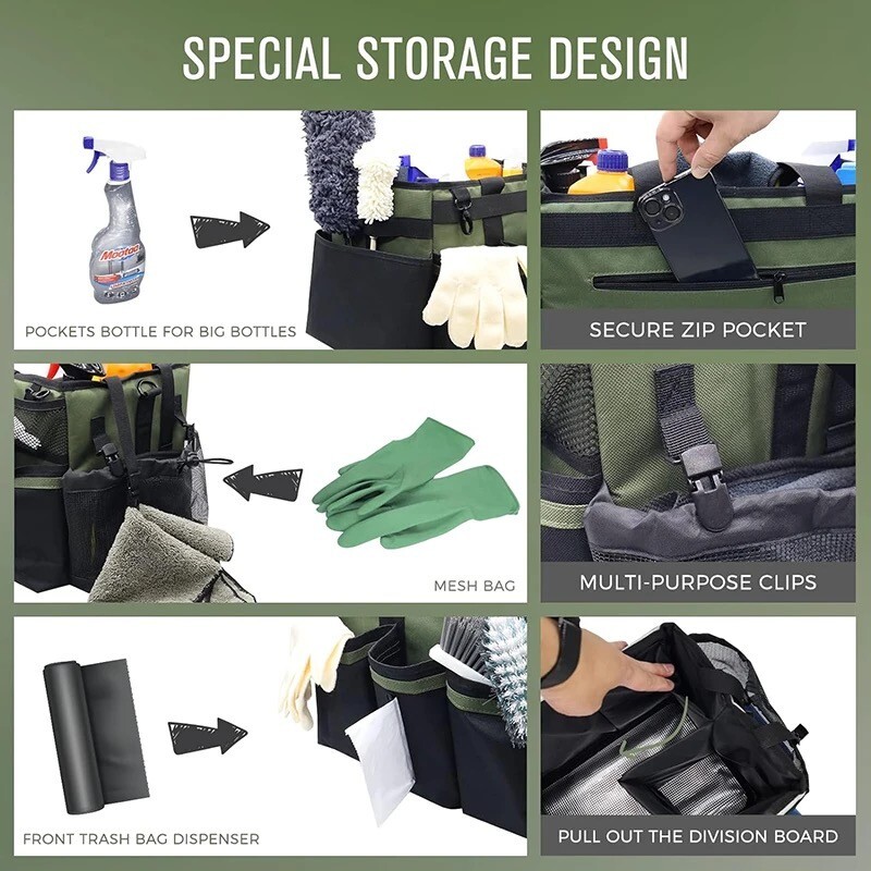Cleaning Caddy Bag with spray bottle & Towls,Shoulder strap & waist belt.Green