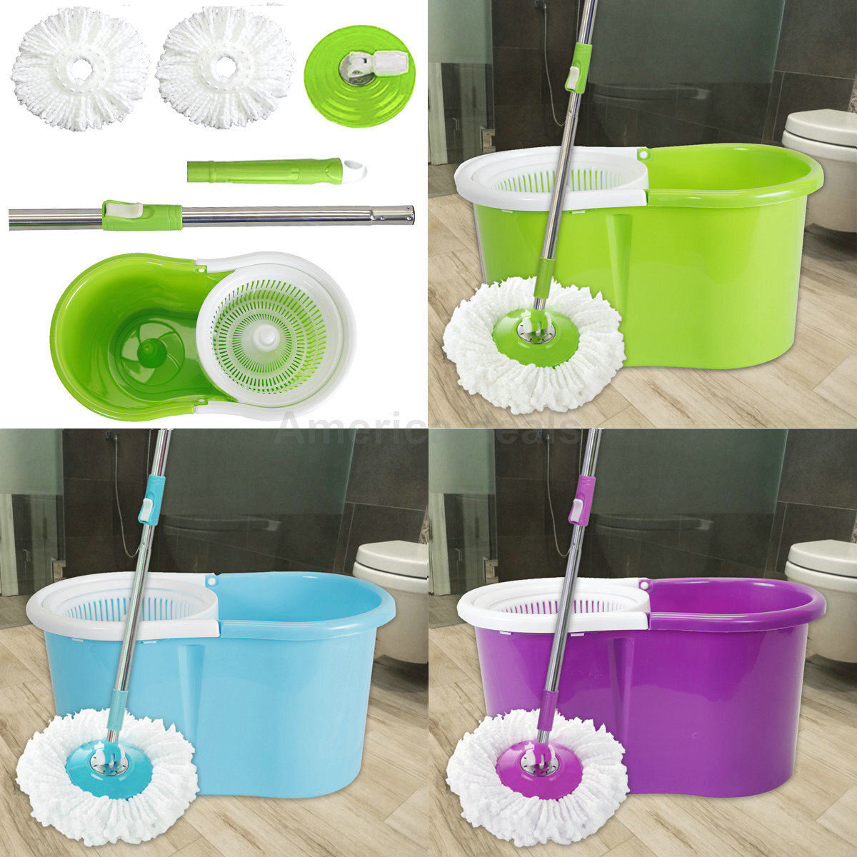 Mop Bucket Set Rolling Spin + 2x Easywring Microfiber Mop Head Replacement