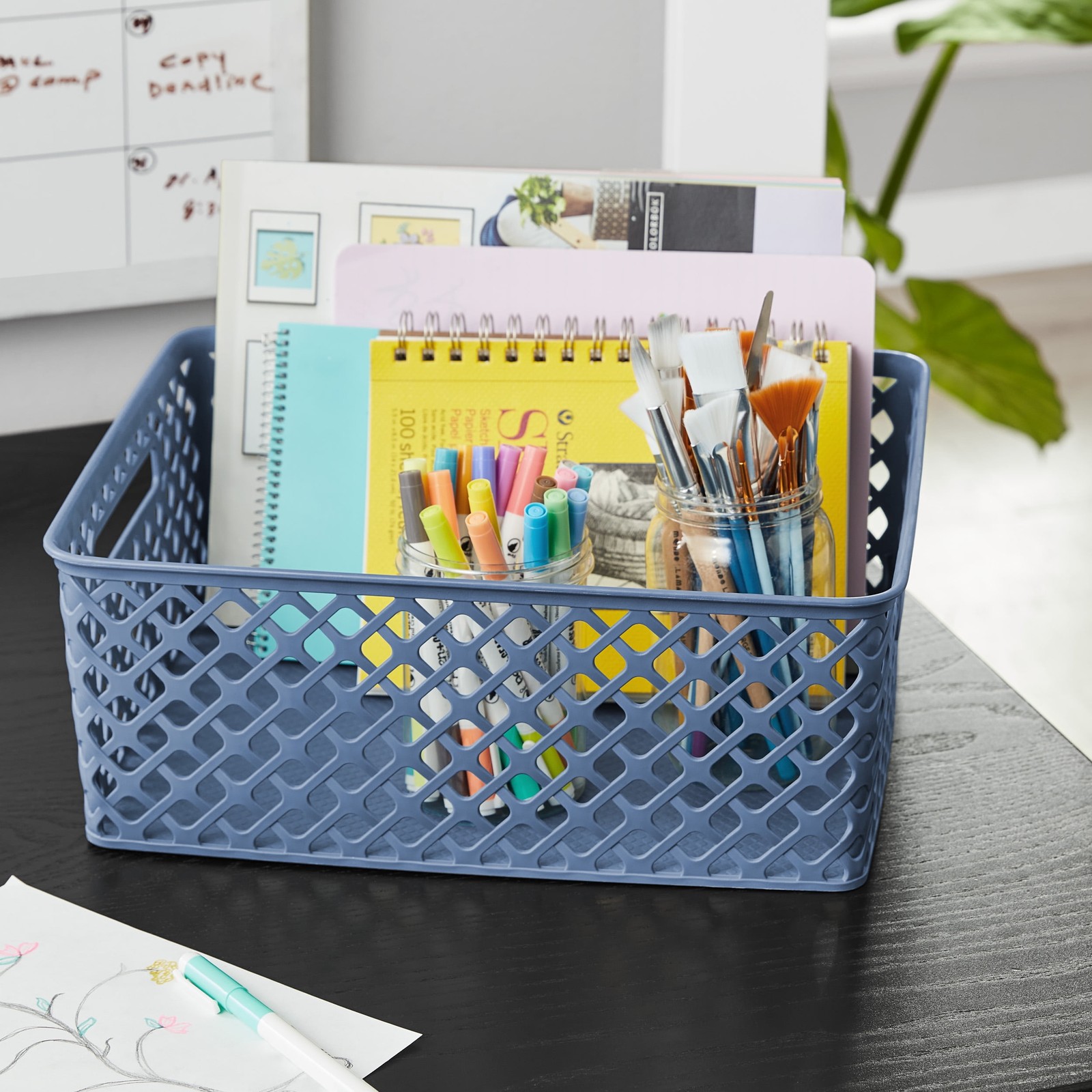 (3 pack) Medium Blue Decorative Plastic Storage Basket, 14 in x 11.5 in x 5.3 in