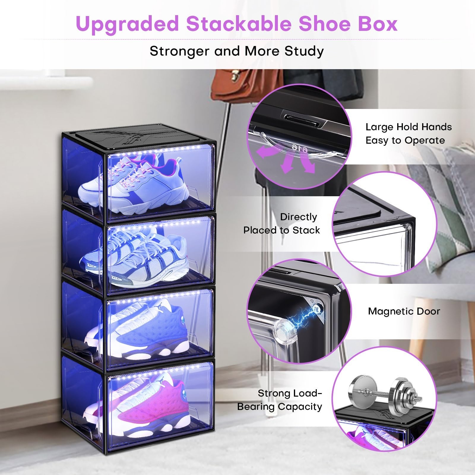 LED Smart Shoe Display Boxes, Stackable Storage Organizers, Clear Case for Sneak