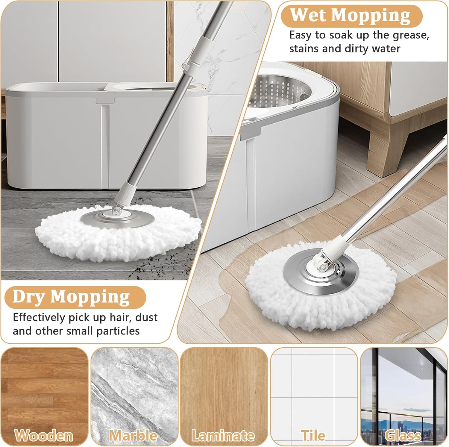 6 Pack Spin Mop Replacement Head for 360° Spin Mop System, Standard Size Round