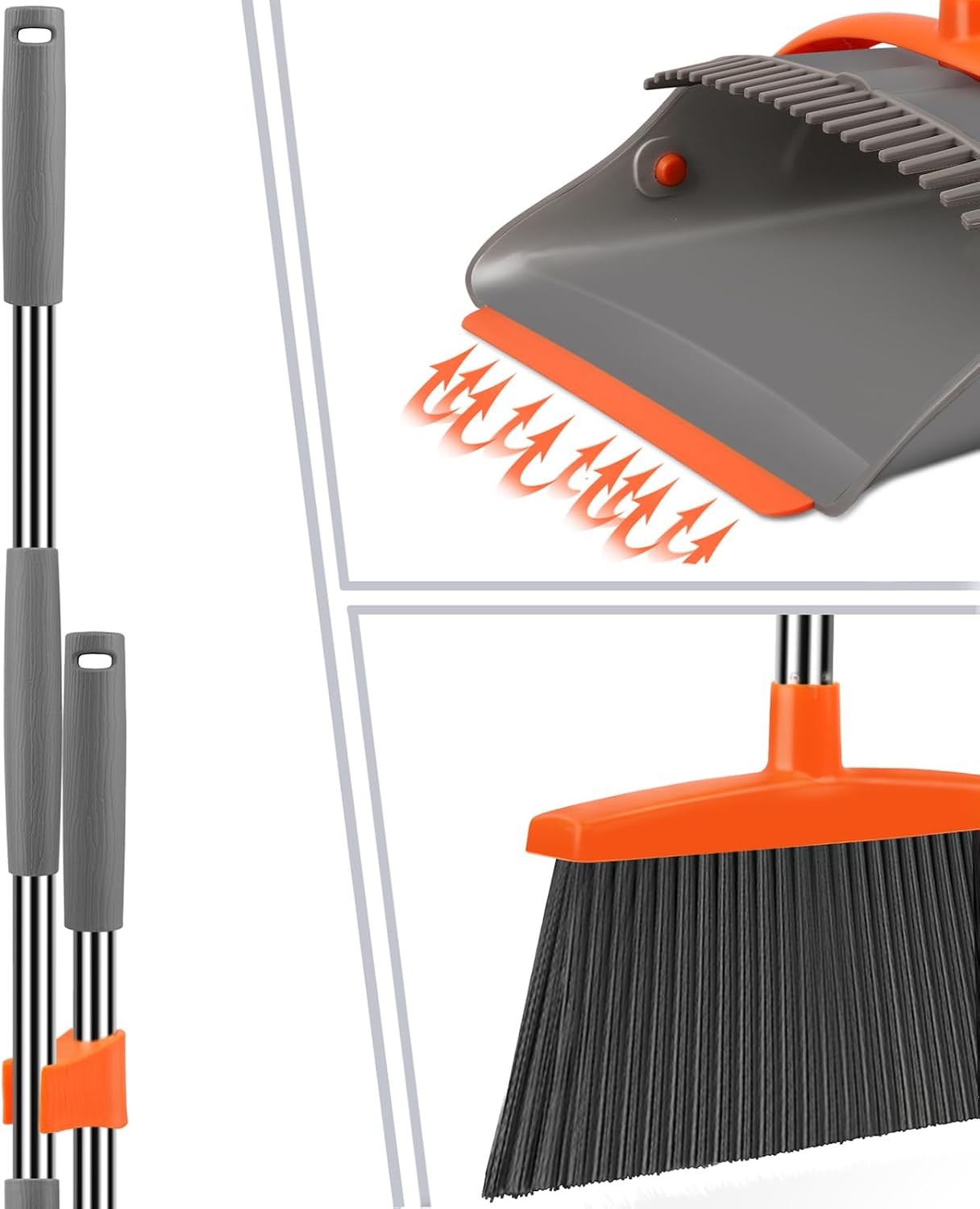 Upright Broom and Dustpan Set Self Cleaning Teeth Heavy Duty Sweeping Combo