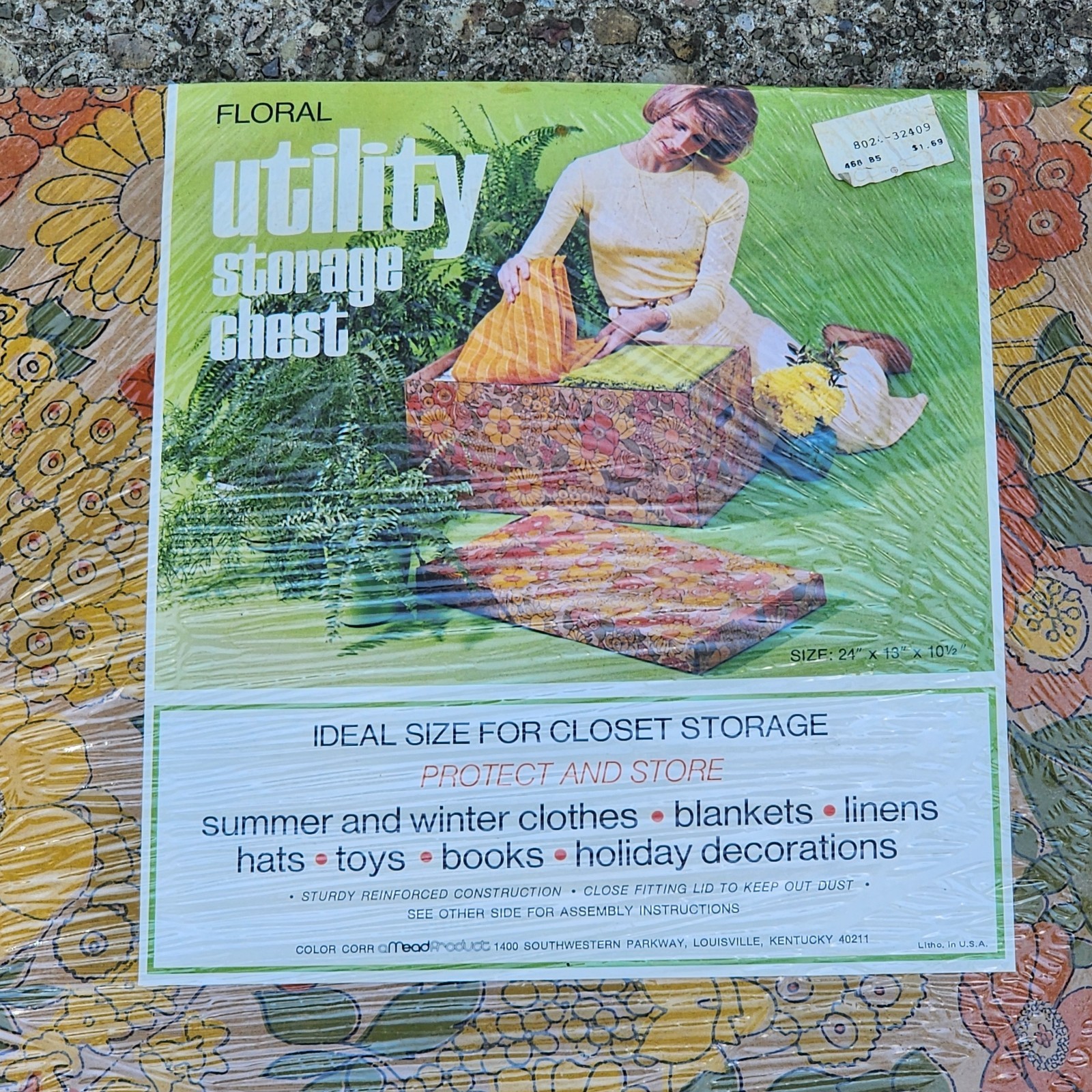 Vtg Mid Century Floral Cardboard Under Bed Storage Chest Mod Flower Power Sealed