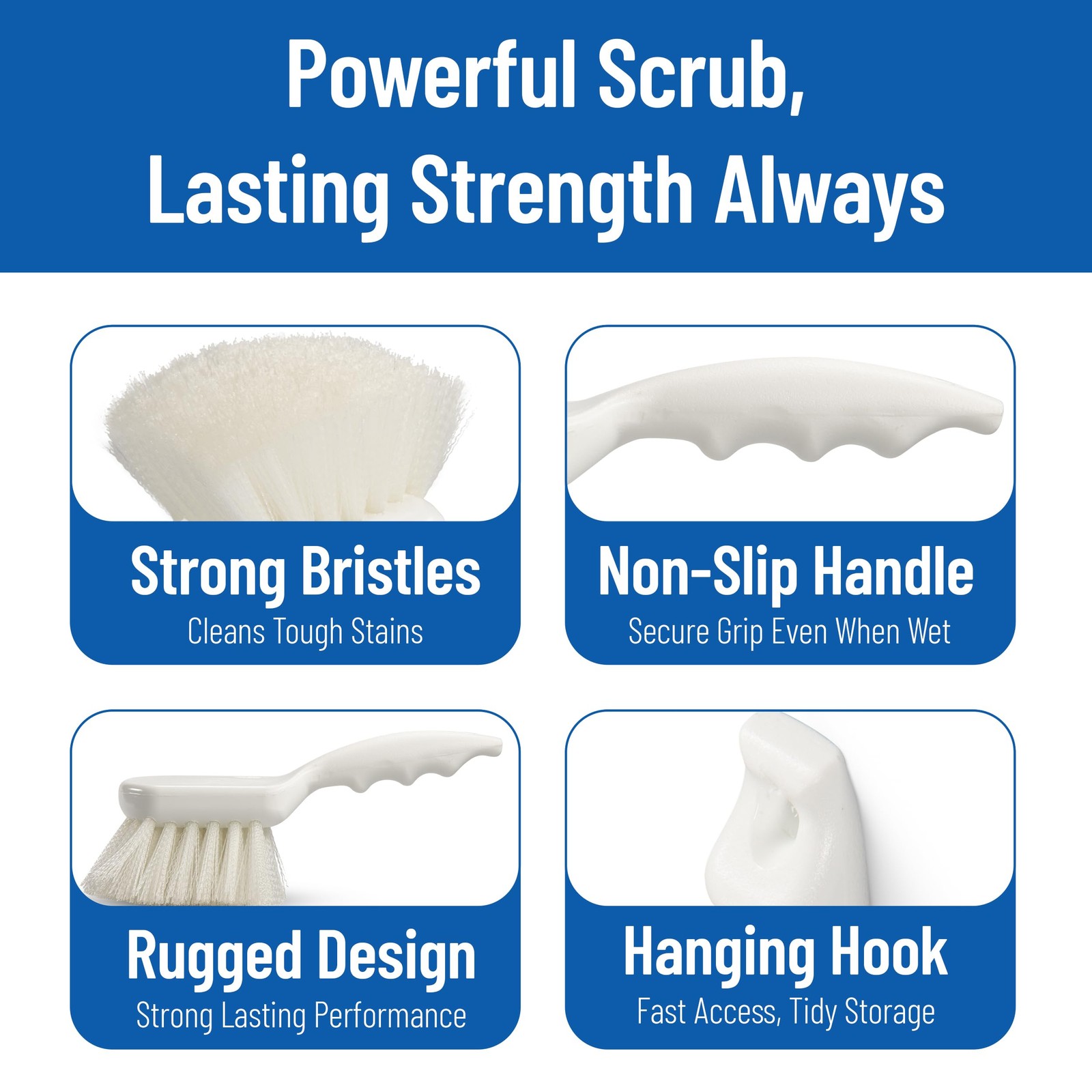 Utility Scrub Brush Plastic Handle Nylon Bristles 2 Inch Trim 8 In White 1 PCS