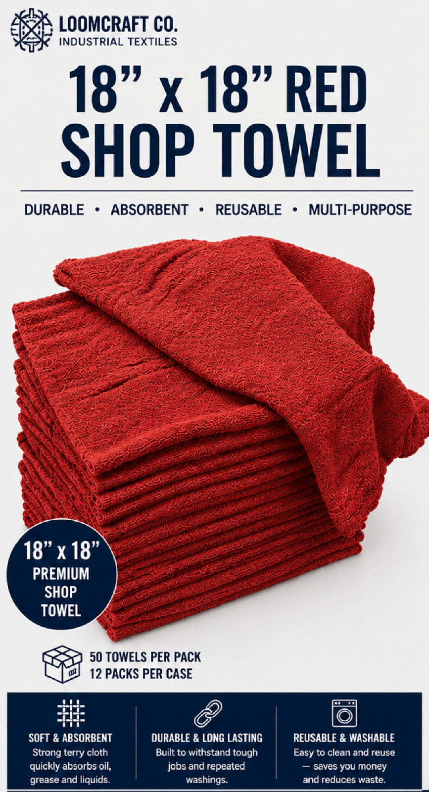 18×18 Red Shop Towel Heavyweight Commercial Mechanic Garage Cleaning Rag