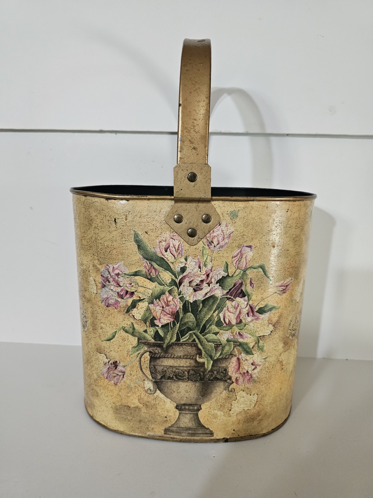 Waste Basket Metal Bucket Distressed Yellow Floral