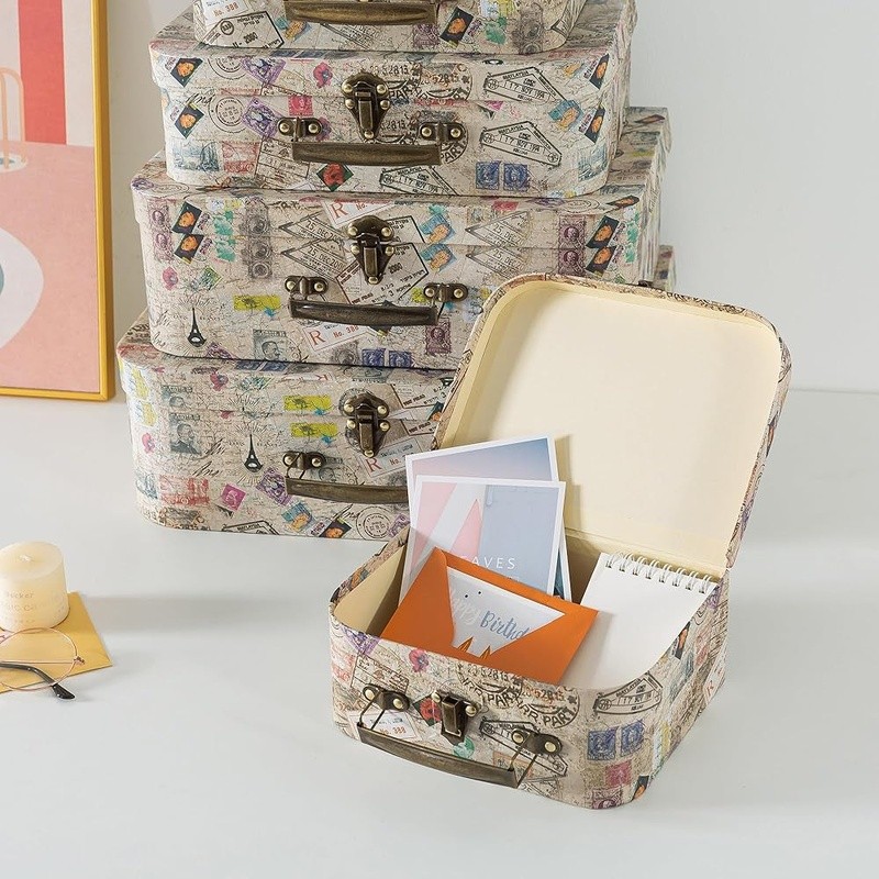Stackable Vintage Cardboard Suitcases Decorative Storage Boxes Home Office New