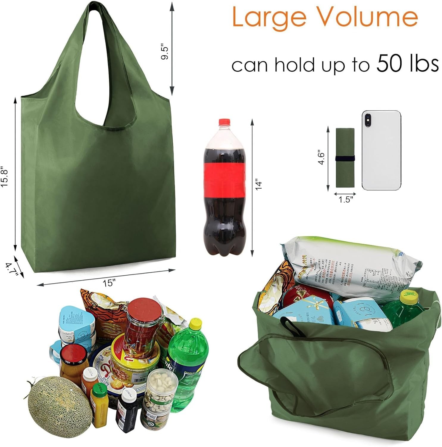 Reusable Grocery Bags Bulk 10 Pack Large 50LBS Polyester Folding Durable