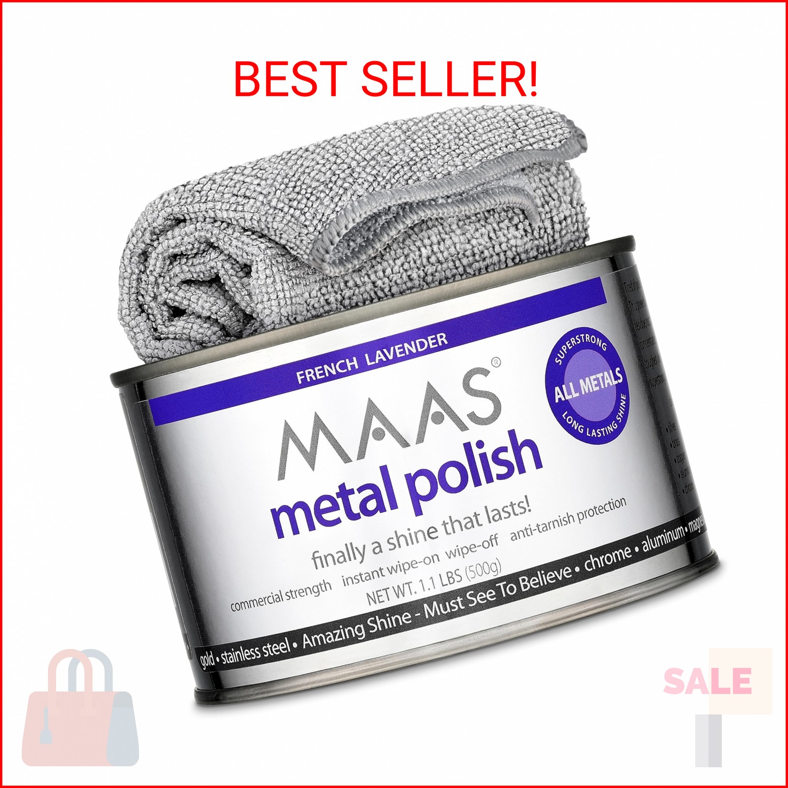 MAAS Metal Polish 1.1lb Can Plus Free Cloth, Universal Metal Cleaner for All Met