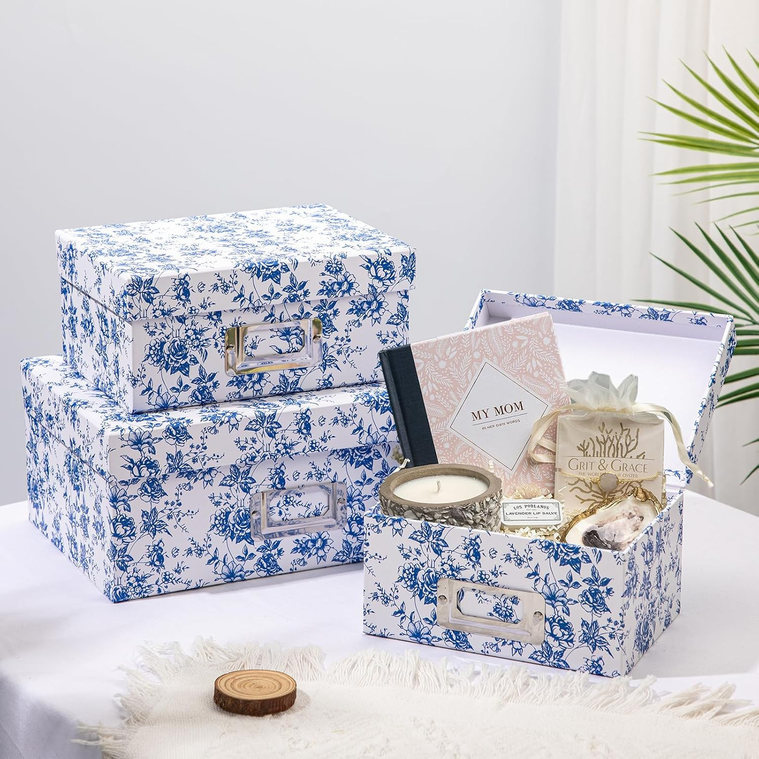 Blue White Floral Nested Decorative Storage Boxes with Lids | 4Pcs Vanity Deskto