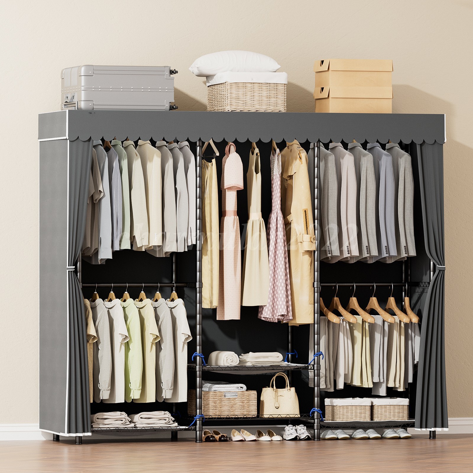 960 LBS Portable Wardrobe Closet Clothes Rack Storage Organizer with Cover Grey