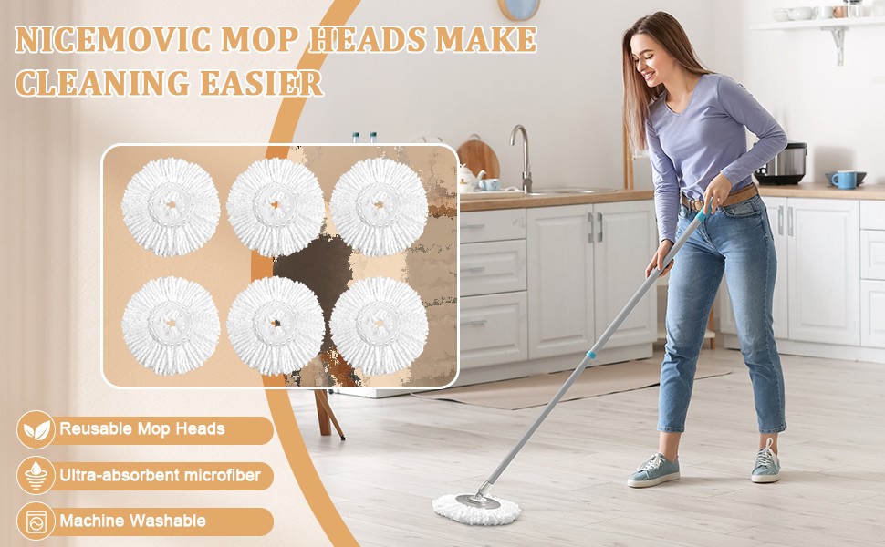 6 Pack Spin Mop Replacement Head for 360° Spin Mop System, Standard Size Round