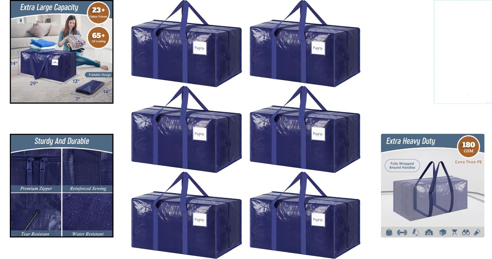 Water Resistant 6 Pack Extra Thick Moving Bags with Comfort Handles for Easy Use
