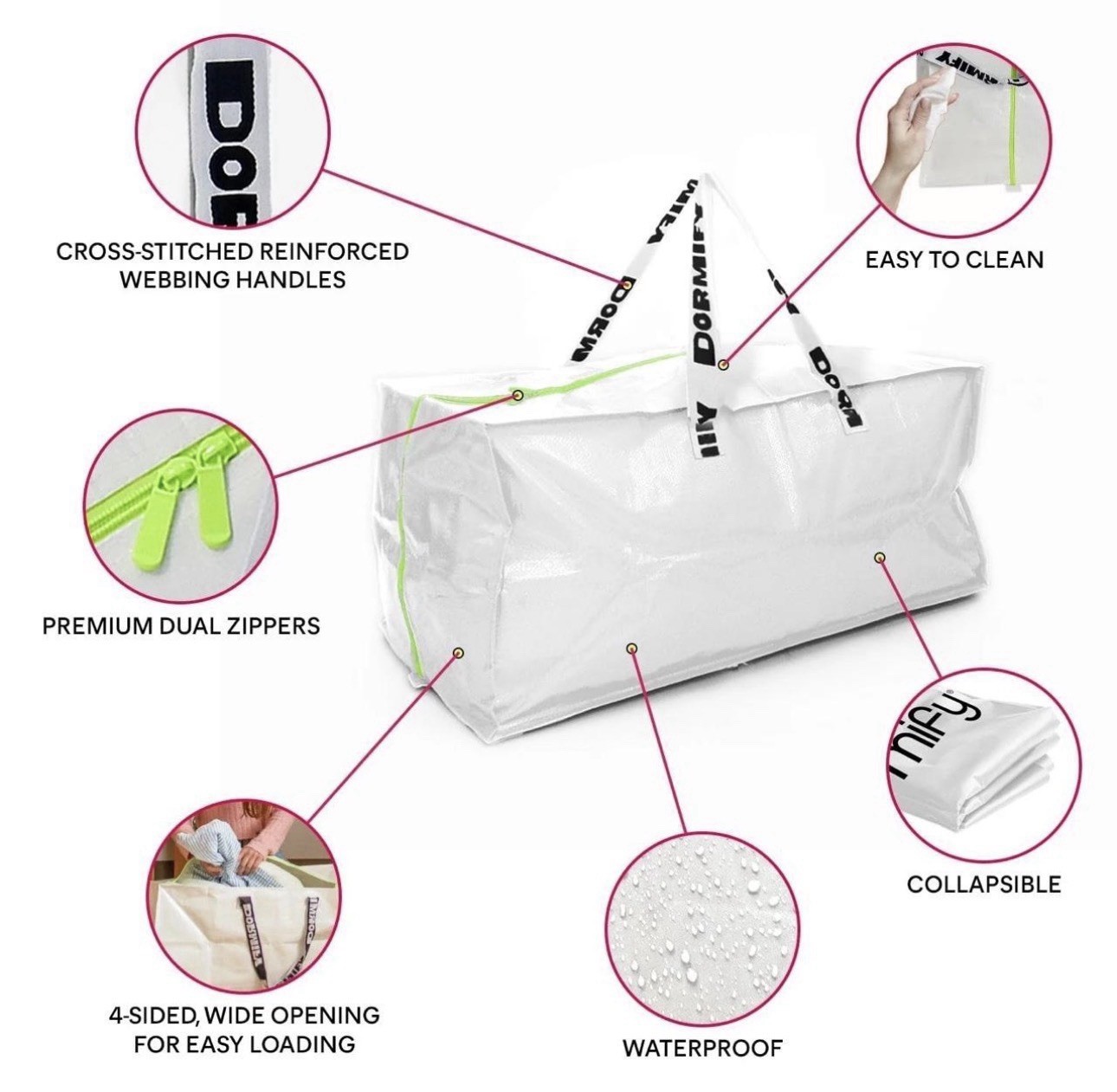 Dormify set of 20 Waterproof Zippered Collapsible Bag, White, 23 gal 29x14x13″