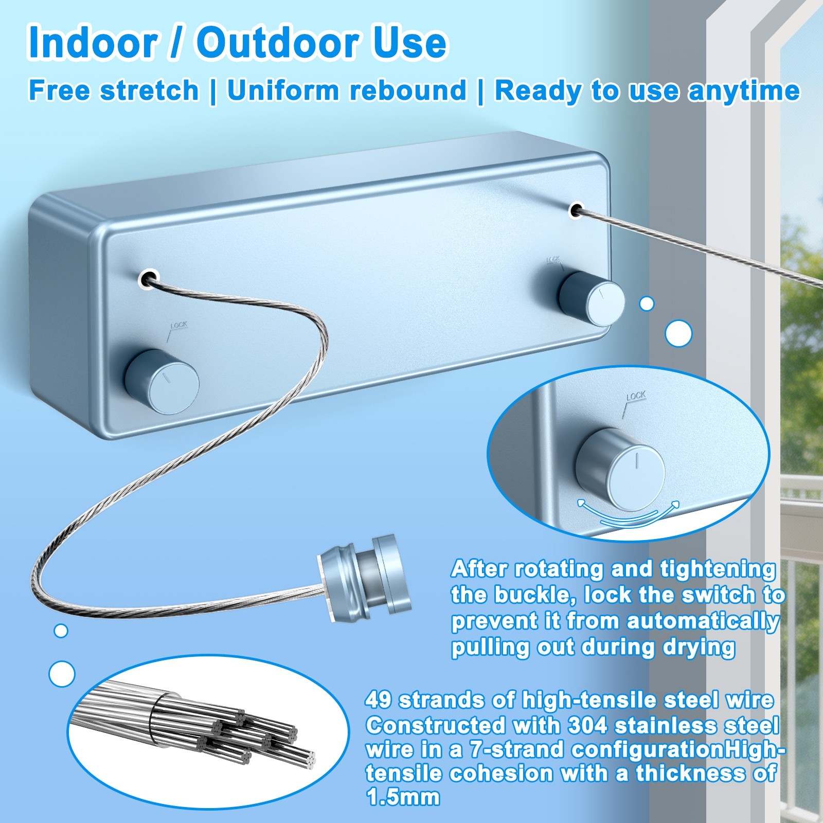 Retractable Clothesline 304 Stainless Steel 33lb Load Indoor/Outdoor Wall Mount