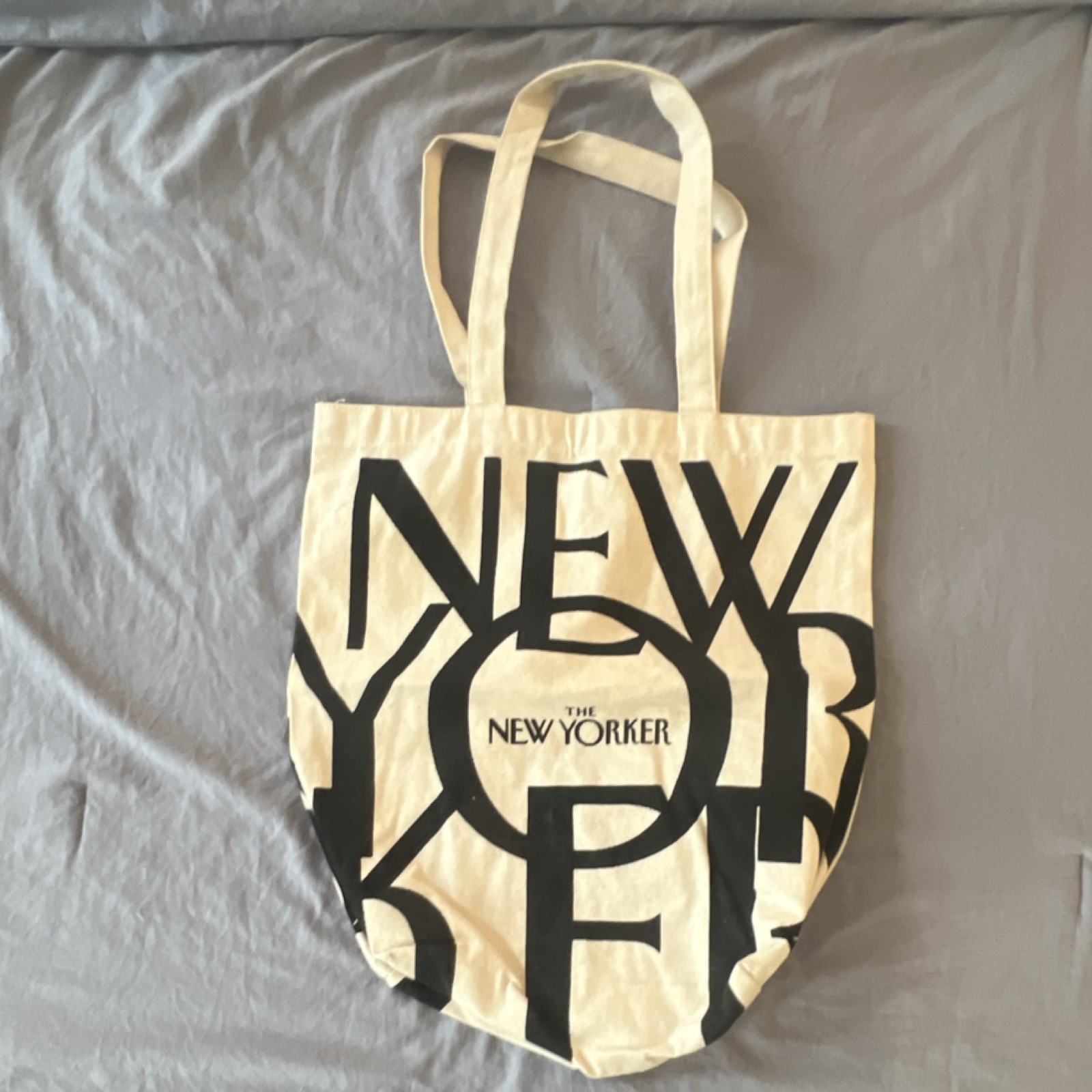 The New Yorker Canvas Tote Bag Beige Black Foldable All-Over Pattern 27x15x16″