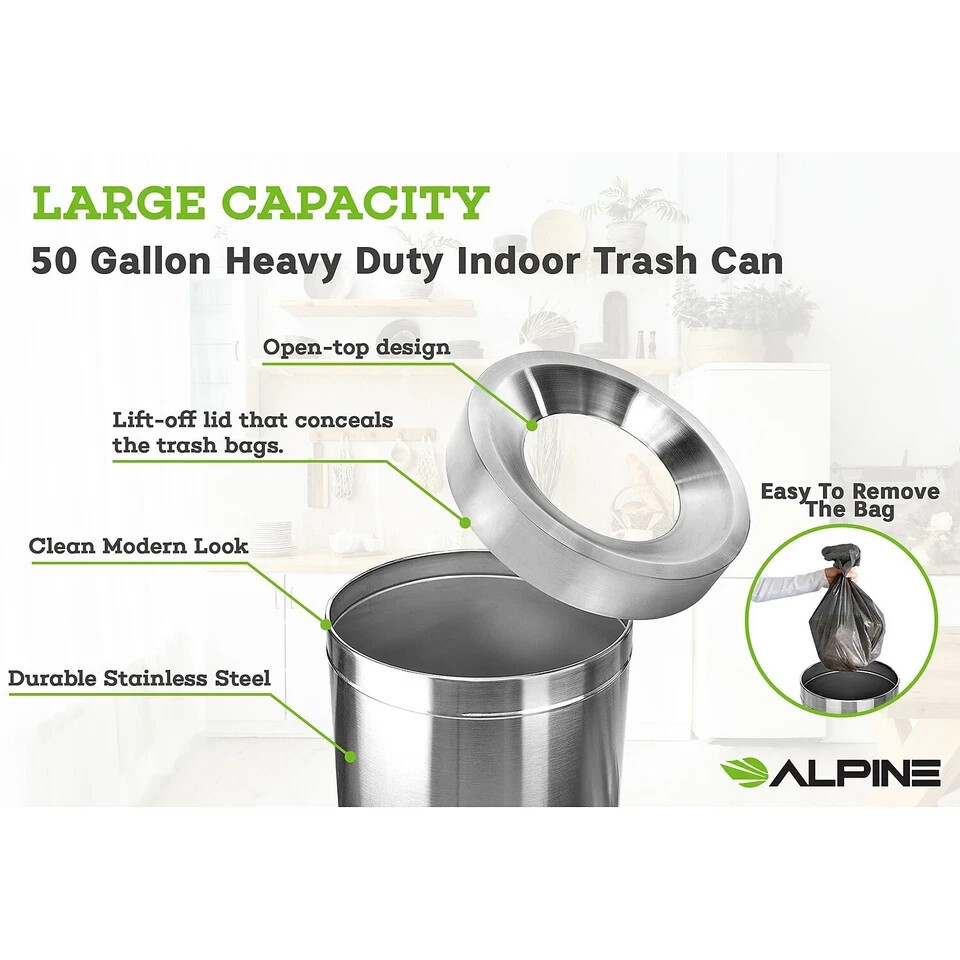 Alpine Industries 50-Gallon Stainless Steel Indoor Trash Can w/ Funnel Open Top.