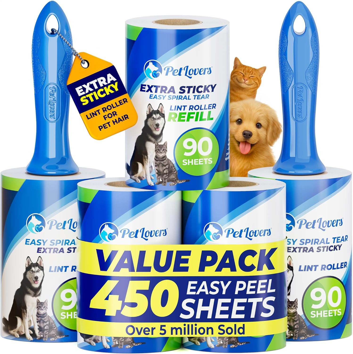 Extra Sticky Lint Roller Mega Value Set 450 Sheets for Pet Hair Removal and Clot