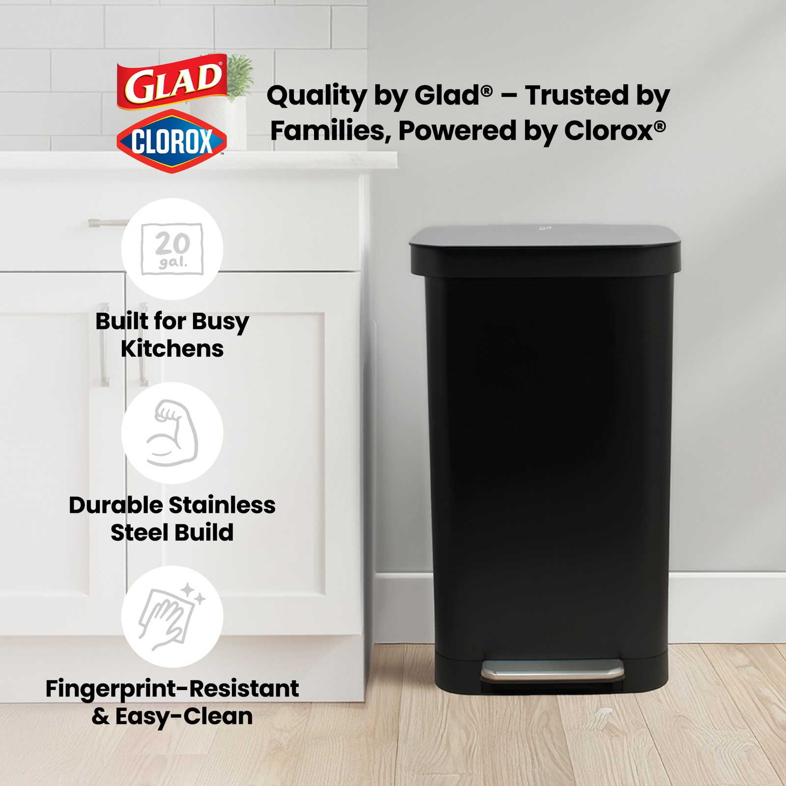 Glad Step Trash Can, Soft Close Bin w/Odor Protection, 20 Gal, Black (Open Box)