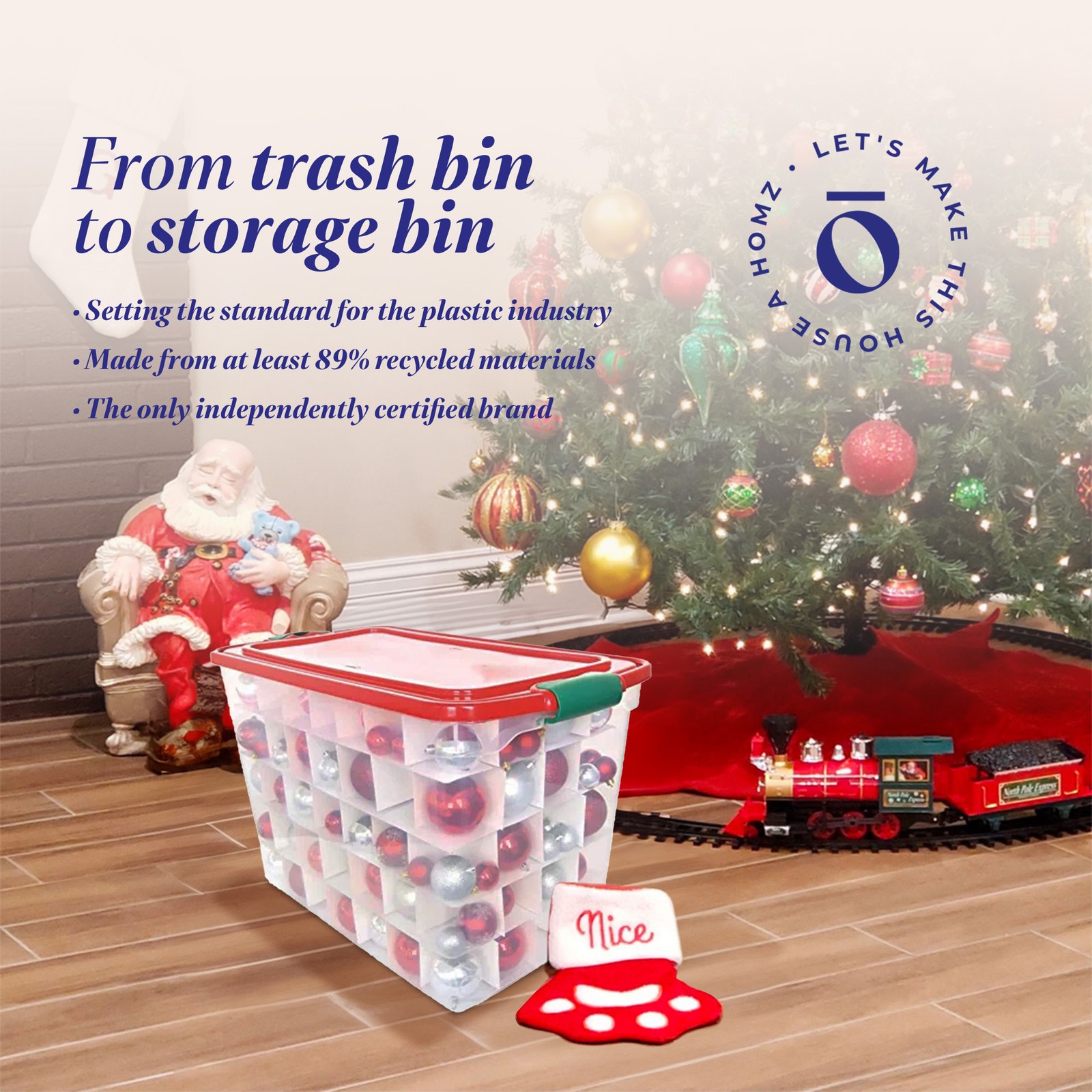 HOMZ 112-Quart Holiday Clear Plastic Ornament Storage, Red/Green, 2 Pack