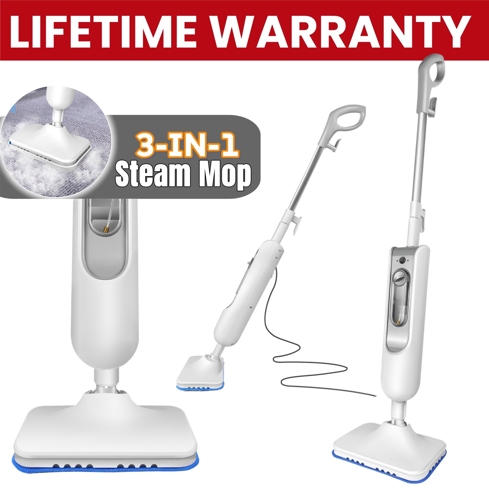 3500W Steam Mop Hard Floor Cleaner & Carpet Glider Quick Heat Kills 99.9% Germs