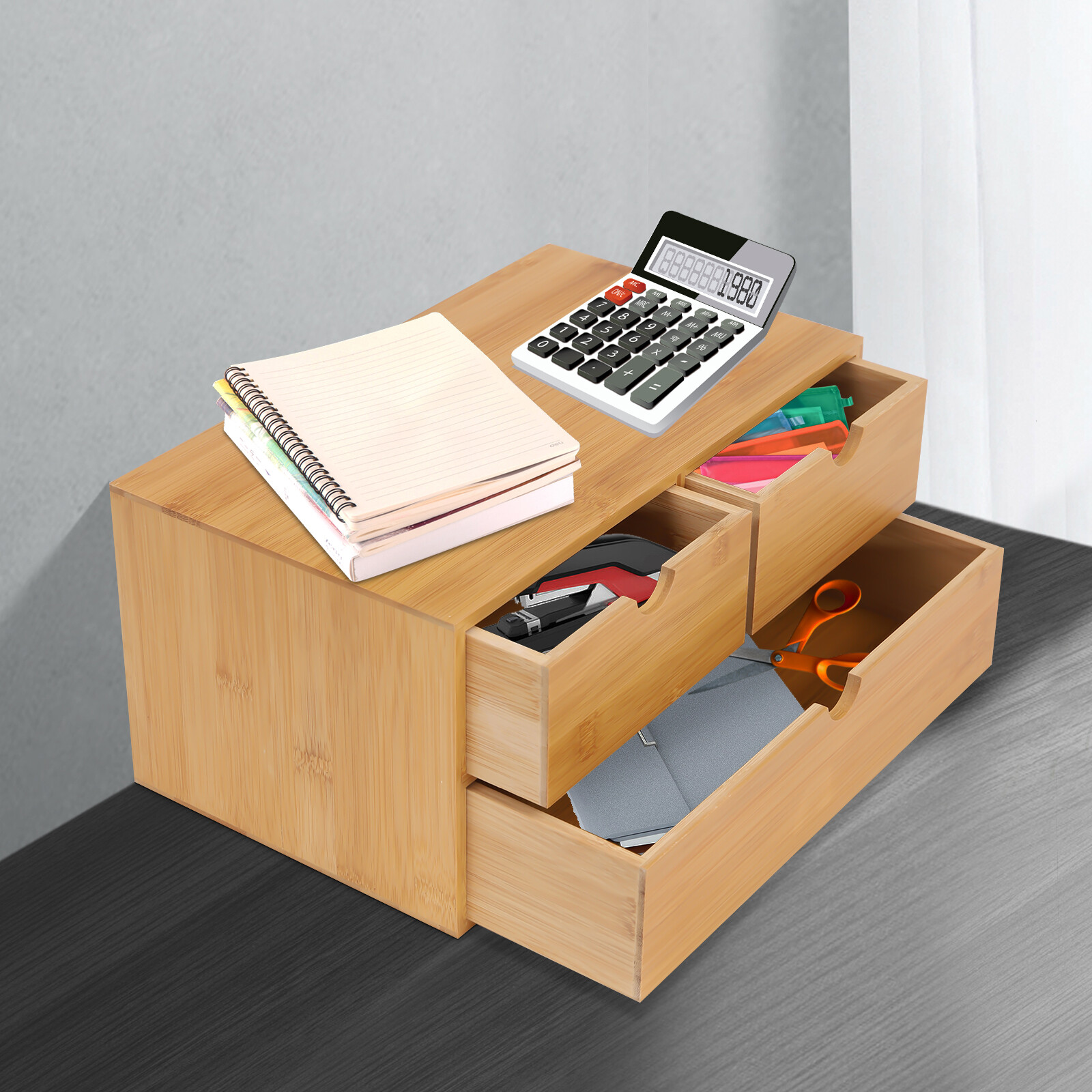 Bamboo Desk Organizer with 3 Drawers, Tabletop Storage Box No Assembly Required