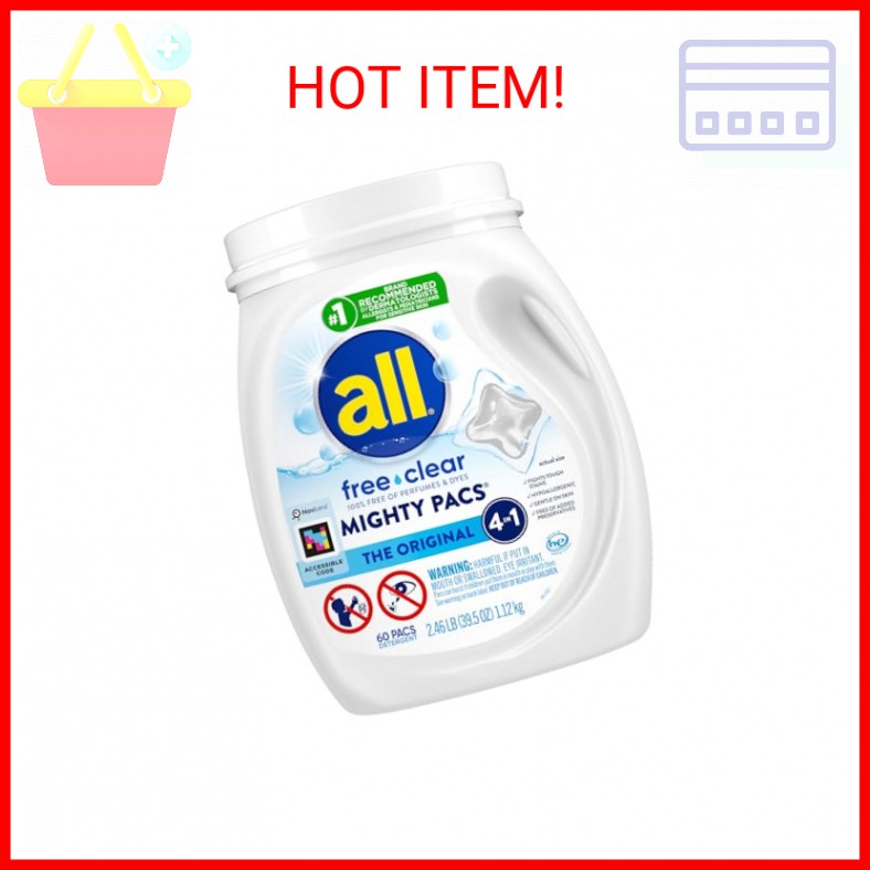All Mighty Pacs Laundry Detergent, Free Clear for Sensitive Skin, Tub, 60 Count