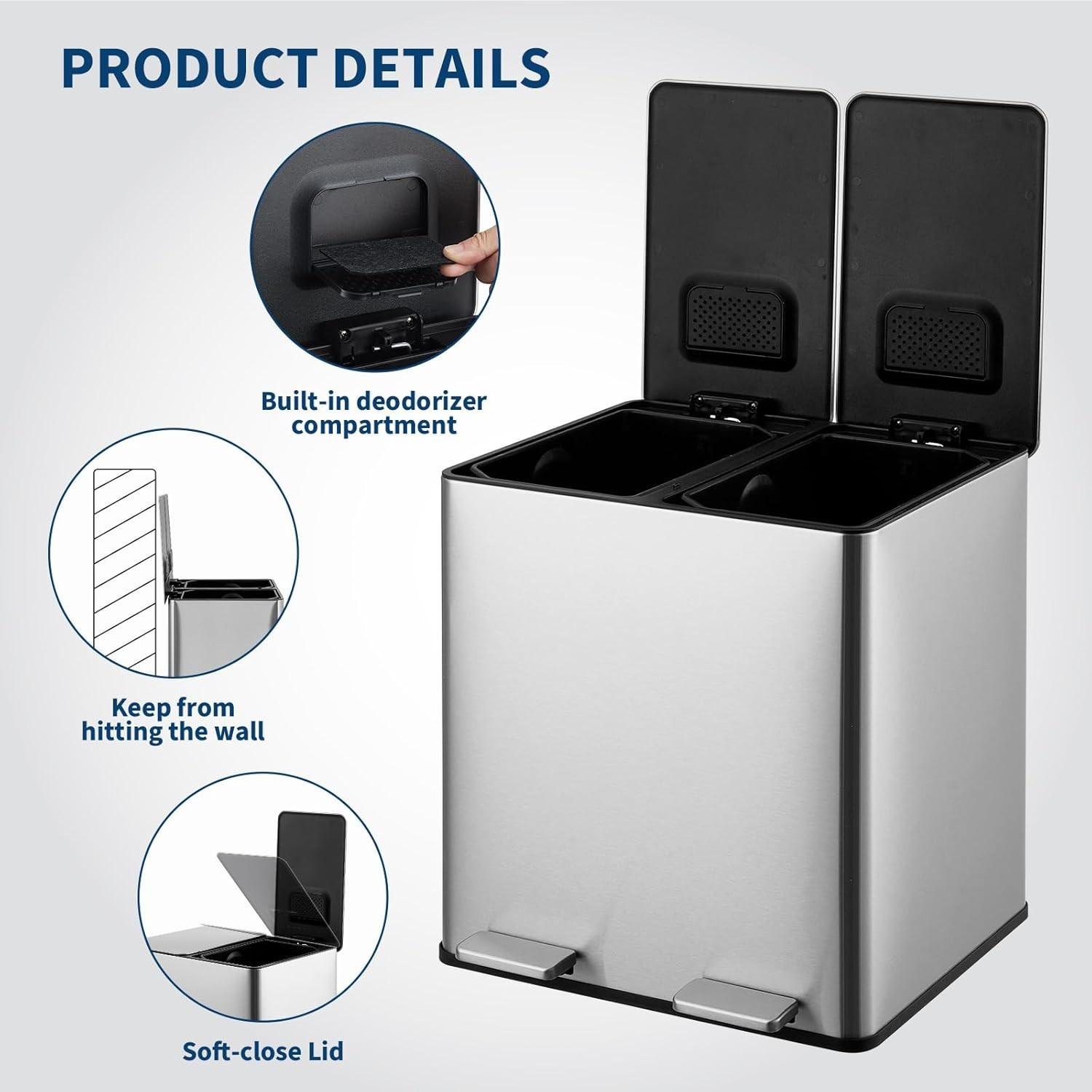Dual Trash Can 2x 4gal/15L Stainless Steel Step Trash Can Garbage Can Kitchen