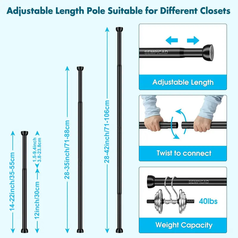 Wardrobe Closet Rod for Hanging Clothes 14″~22″ Adjustable Rod Wall mounted Bar
