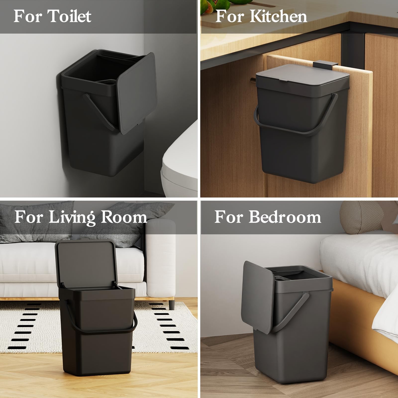 1.3 Gal 5L Countertop Compost Bin Hanging Trash Can Lid Under Sink Mount Black