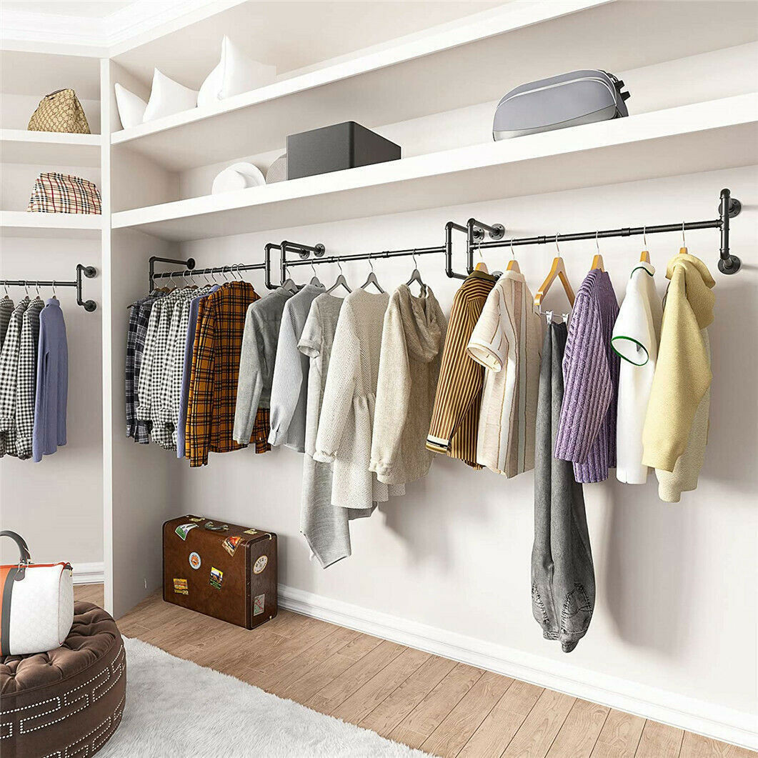 Heavy Duty Pipe Clothes Rack Garment Shelf Wall Mounted Ceiling Hanging Bar Rods