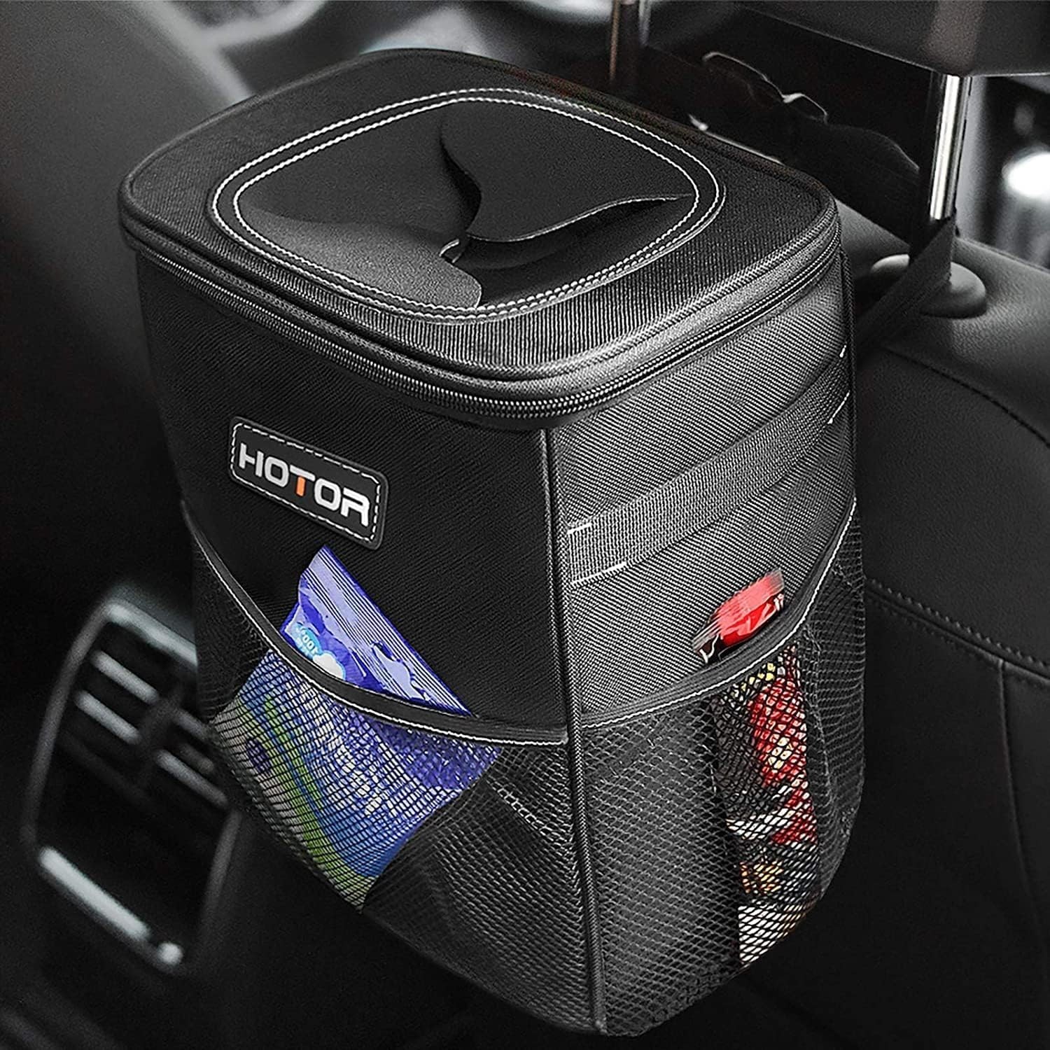 HOTOR Car Trash Can with Lid and Storage Pockets – 100% Leak-Proof Organizer, Wa