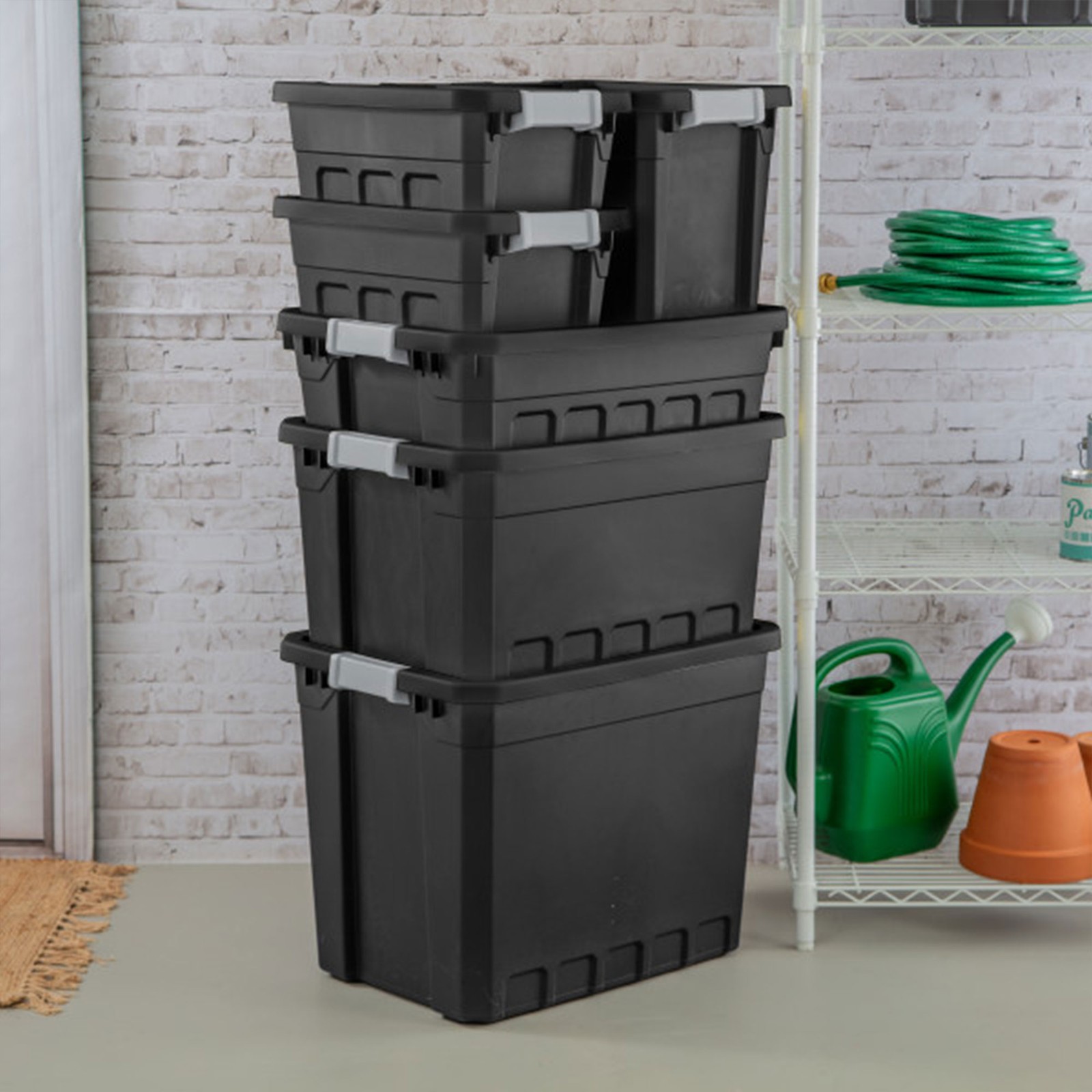 Sterilite 4 Gallon Industrial Storage Totes with Latch Clip Lids, Black (6 Pack)