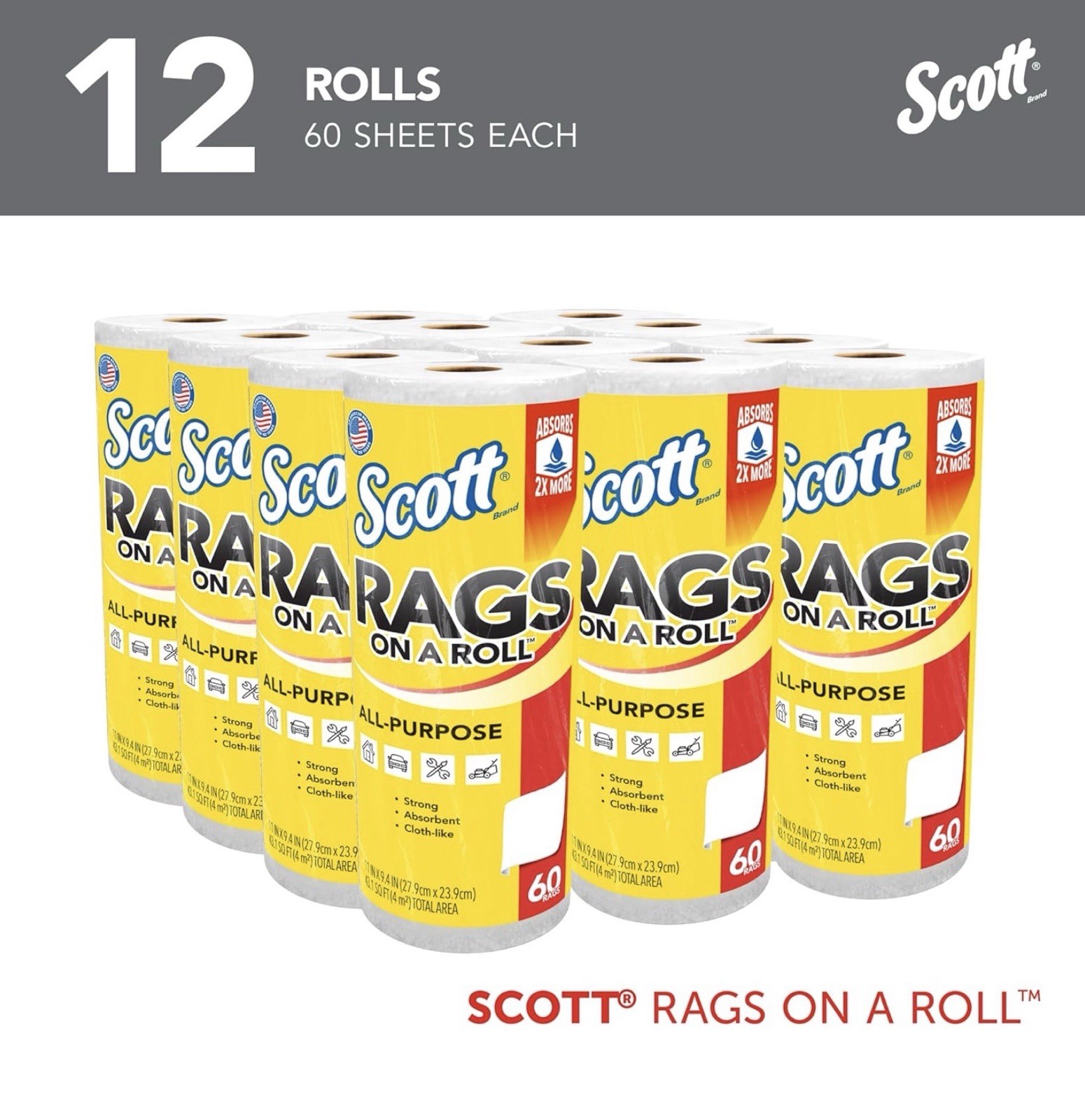 Scott® Rags On A Roll™ All-Purpose Towels ~ 12 Rolls 720 Total Sheets ~ 11”x9.4”