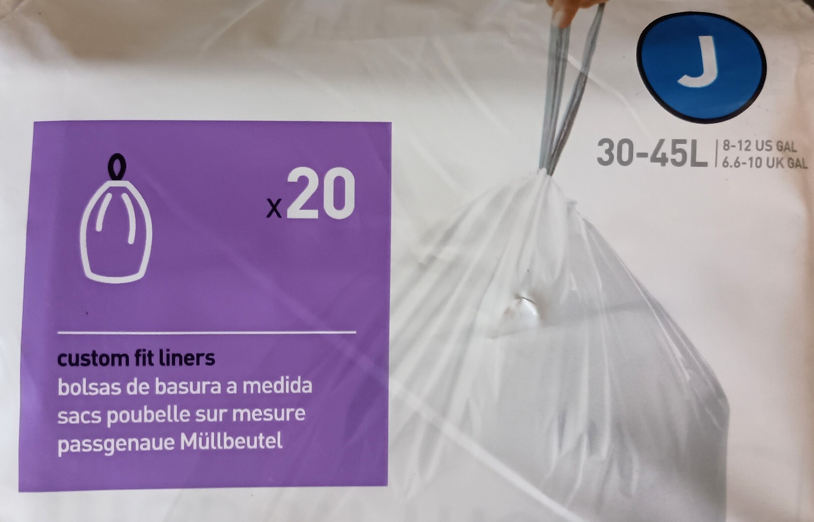 6 Pack SimpleHuman Custom Fit Liners Code J 30-45L 8-12 Gal. US 120 Trash Bags