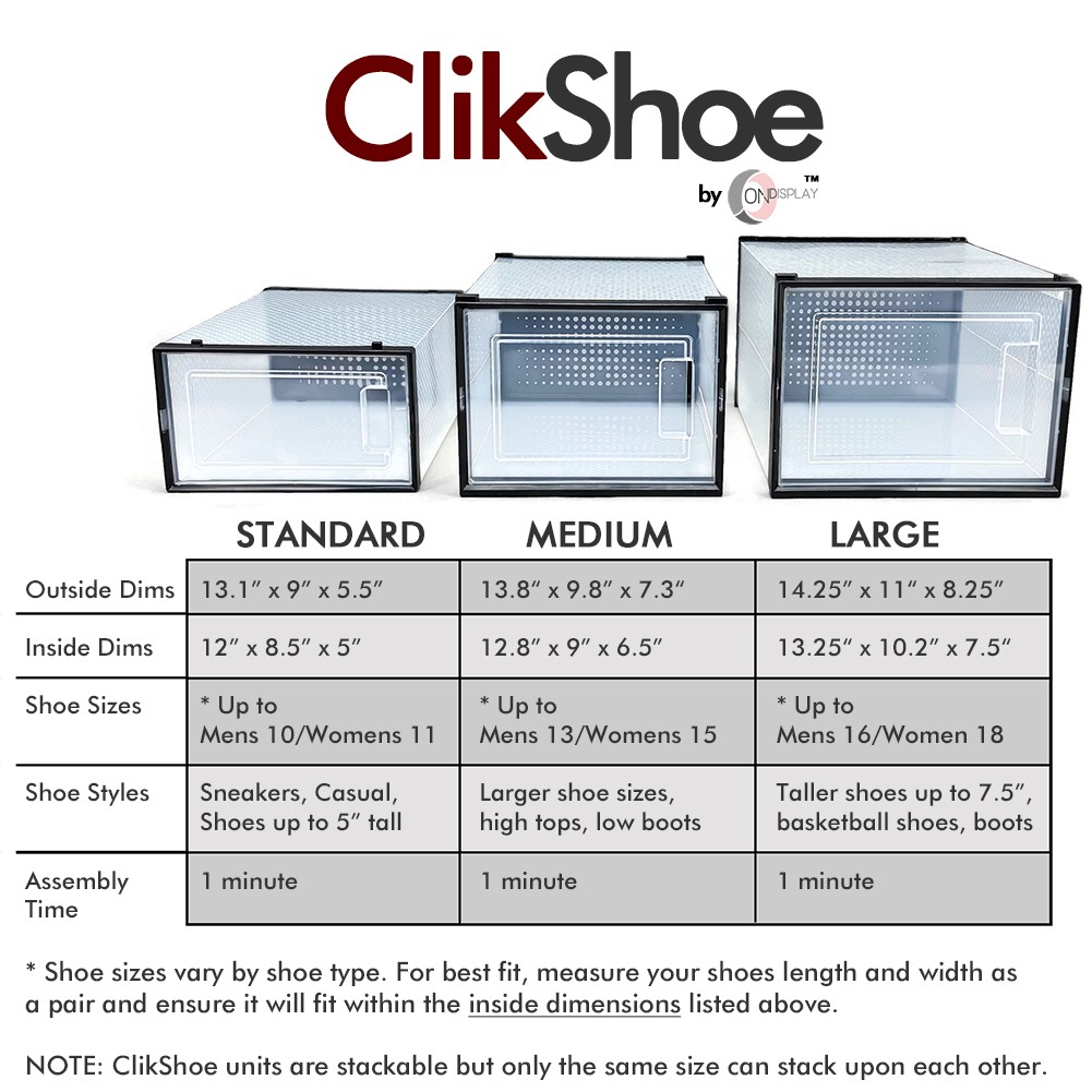 NEW! OnDisplay ClikShoe STACKABLE CLEAR SHOEBOX – CUSTOMIZABLE SHOE STORAGE BOX