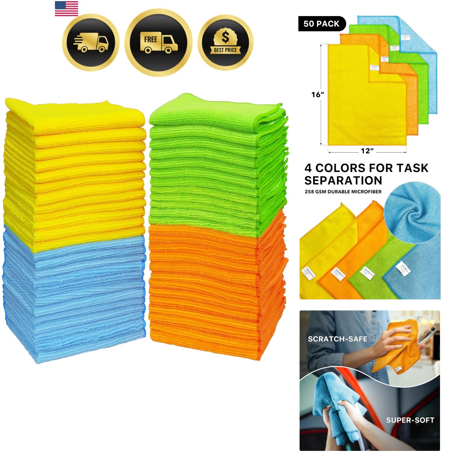 Microfiber Cleaning Cloths 50 Pack Ultra Soft Absorbent Scratch-Free