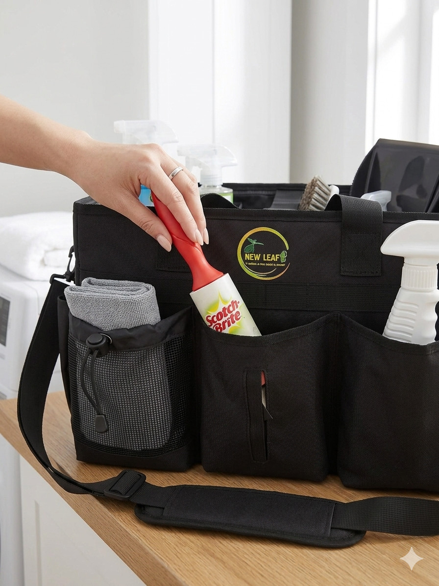 Cleaning Caddy Bag with spray bottle & Towls,Shoulder strap & waist belt.Black